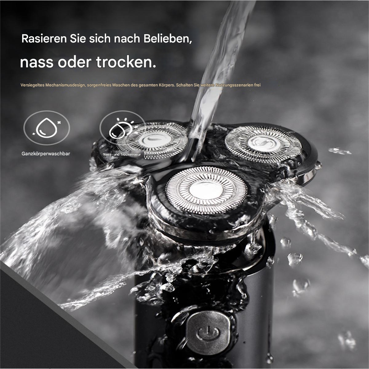 Elektrorasierer wird mit Wasser gespült. Klingen-Detail sichtbar.