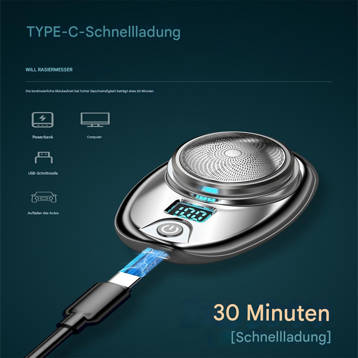 Ein silberner Elektrorasierer mit Ladekabel, mit Digitalanzeige und Symbolen, Text auf Deutsch.