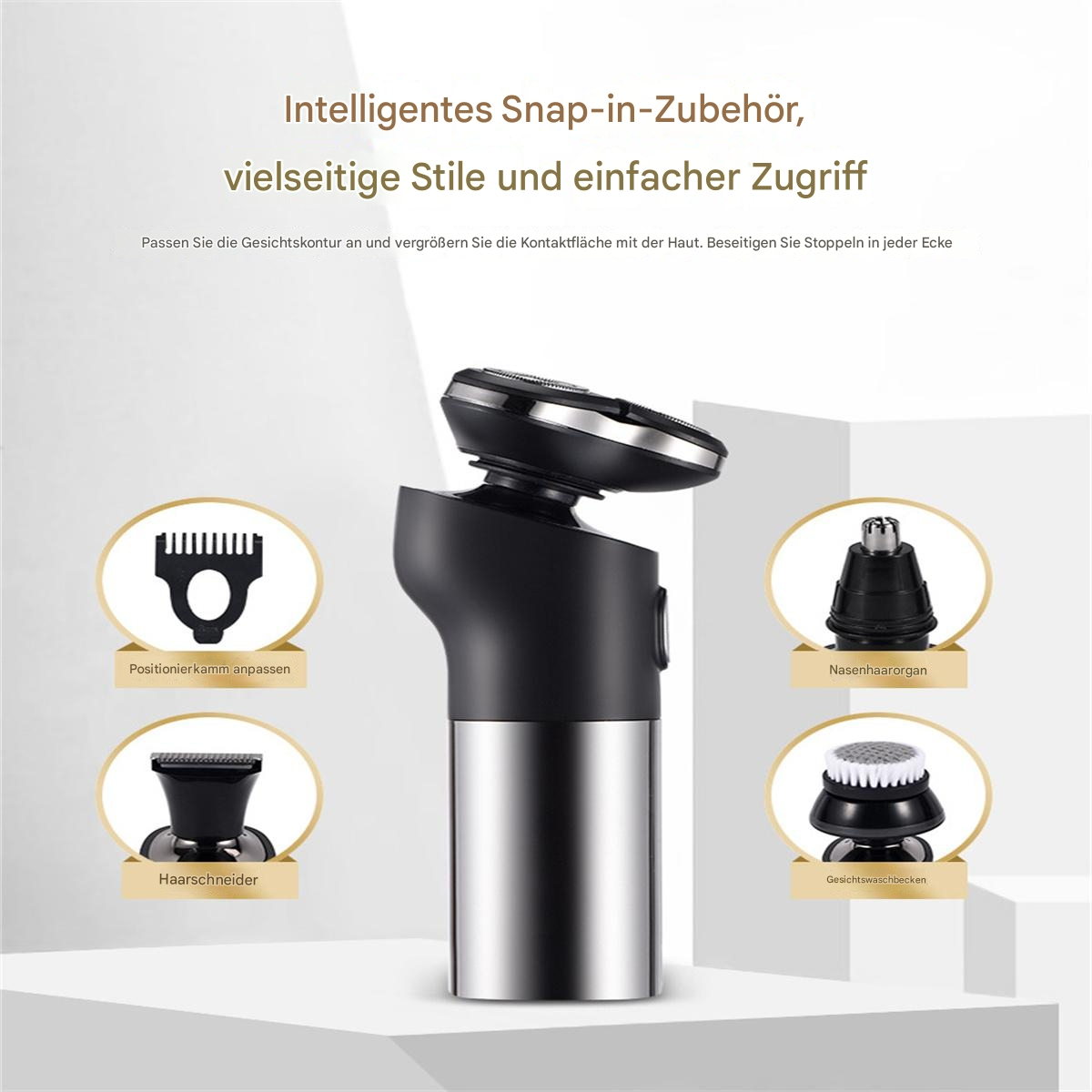 Schwarzer und silberner Elektrorasierer mit Aufsätzen, Text auf Deutsch.
