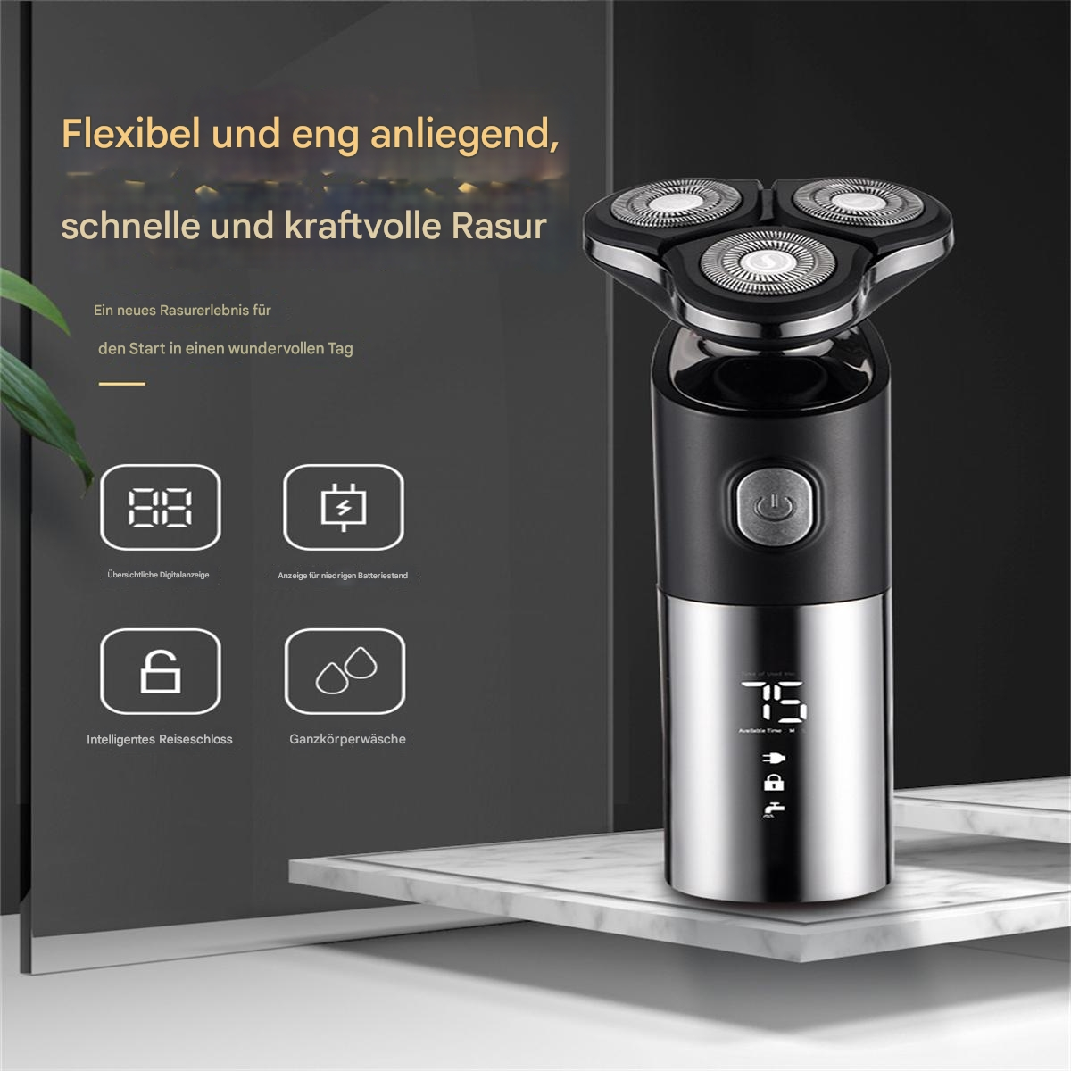 Elektrischer Rasierer mit Digitalanzeige, zeigt Symbole und ein silber-schwarzes Design.