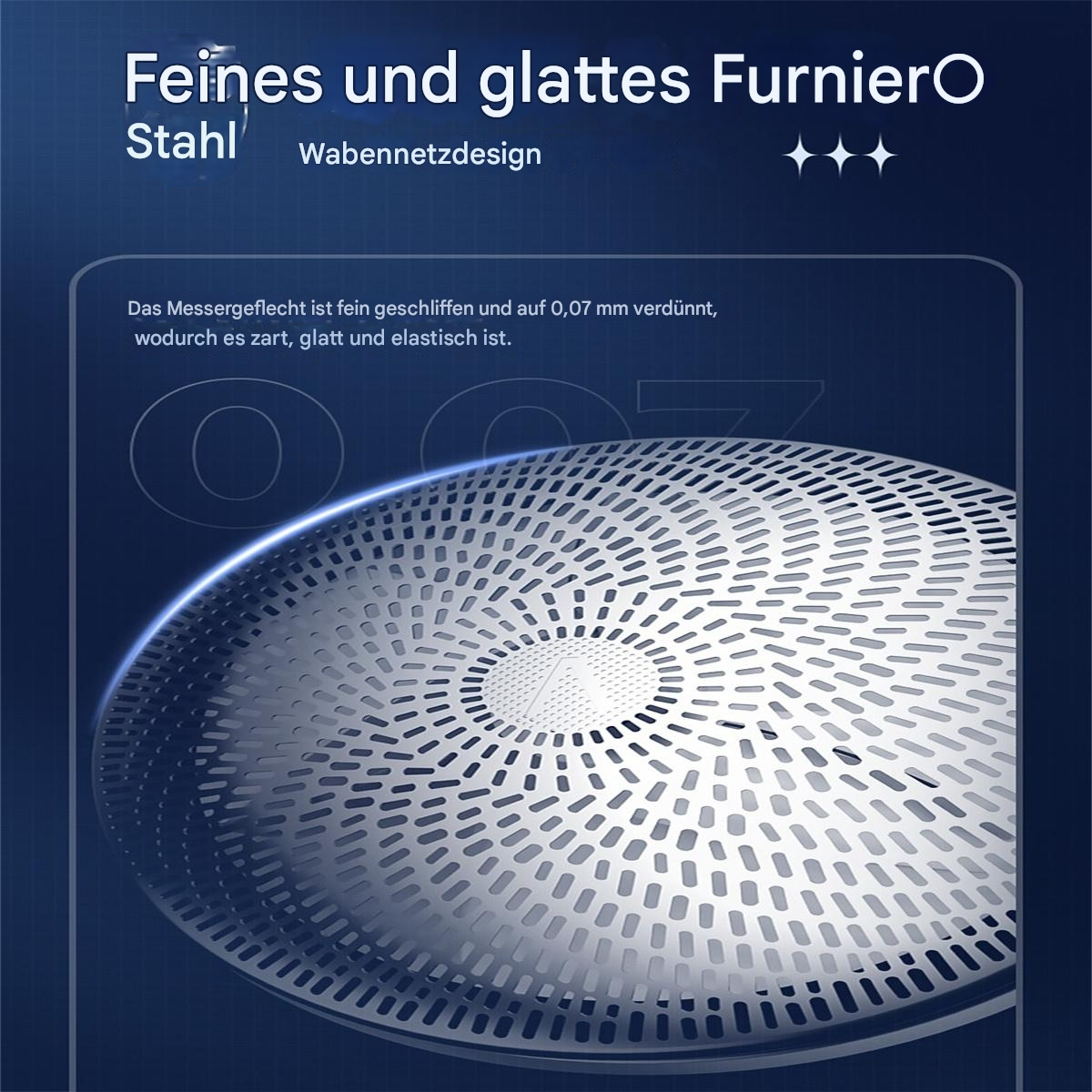 Nahaufnahme einer Metalloberfläche mit Wabenmuster und deutschem Text. Der Hintergrund ist dunkelblau.