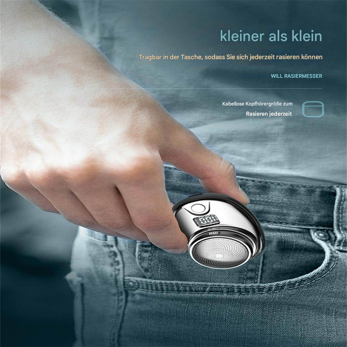 Hand hält einen kleinen silber-schwarzen Rasierer in einer Jeans-Hosentasche.