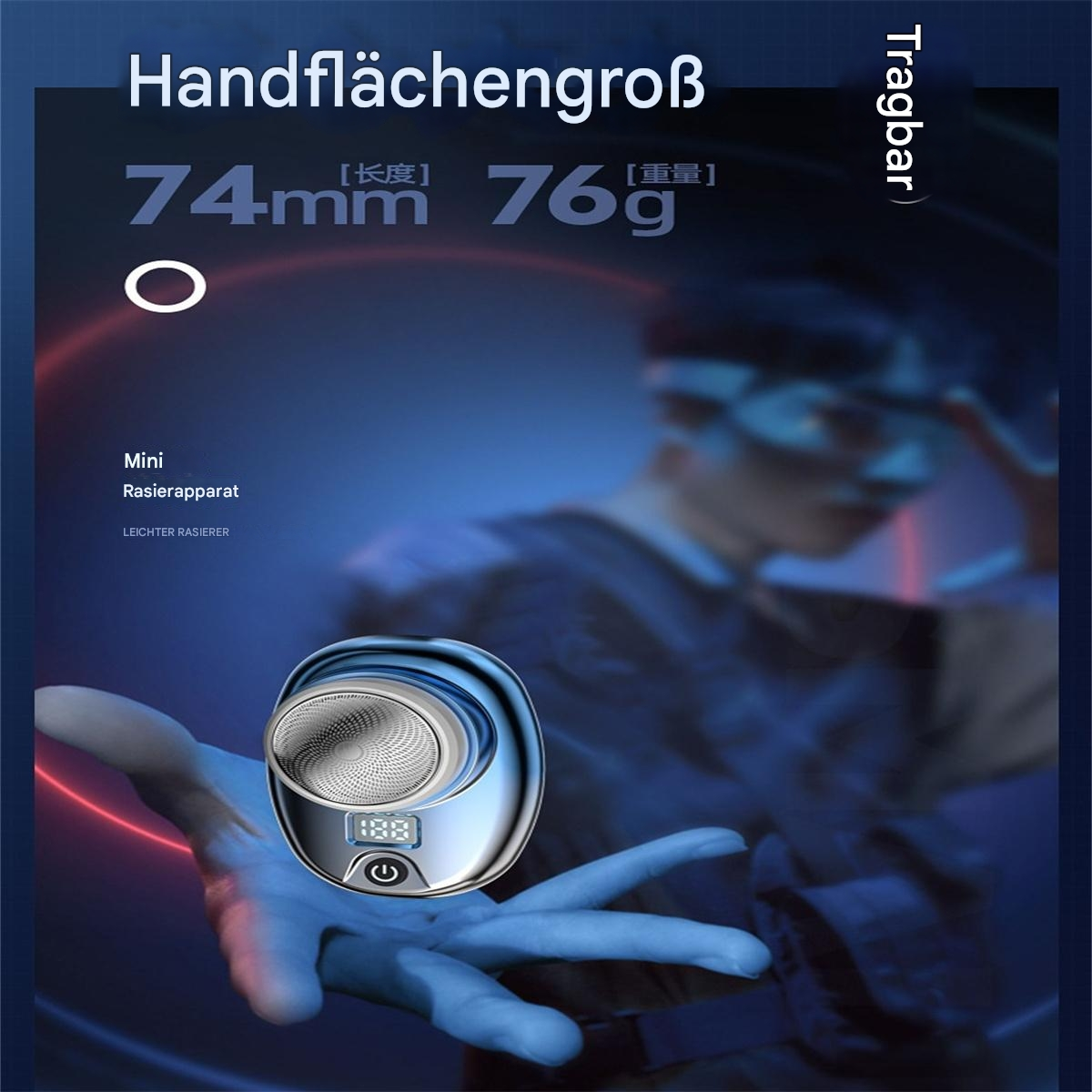 Ein Mini-Rasierer in Silber, wird in der Hand gehalten, mit Abmessungen und Gewicht.