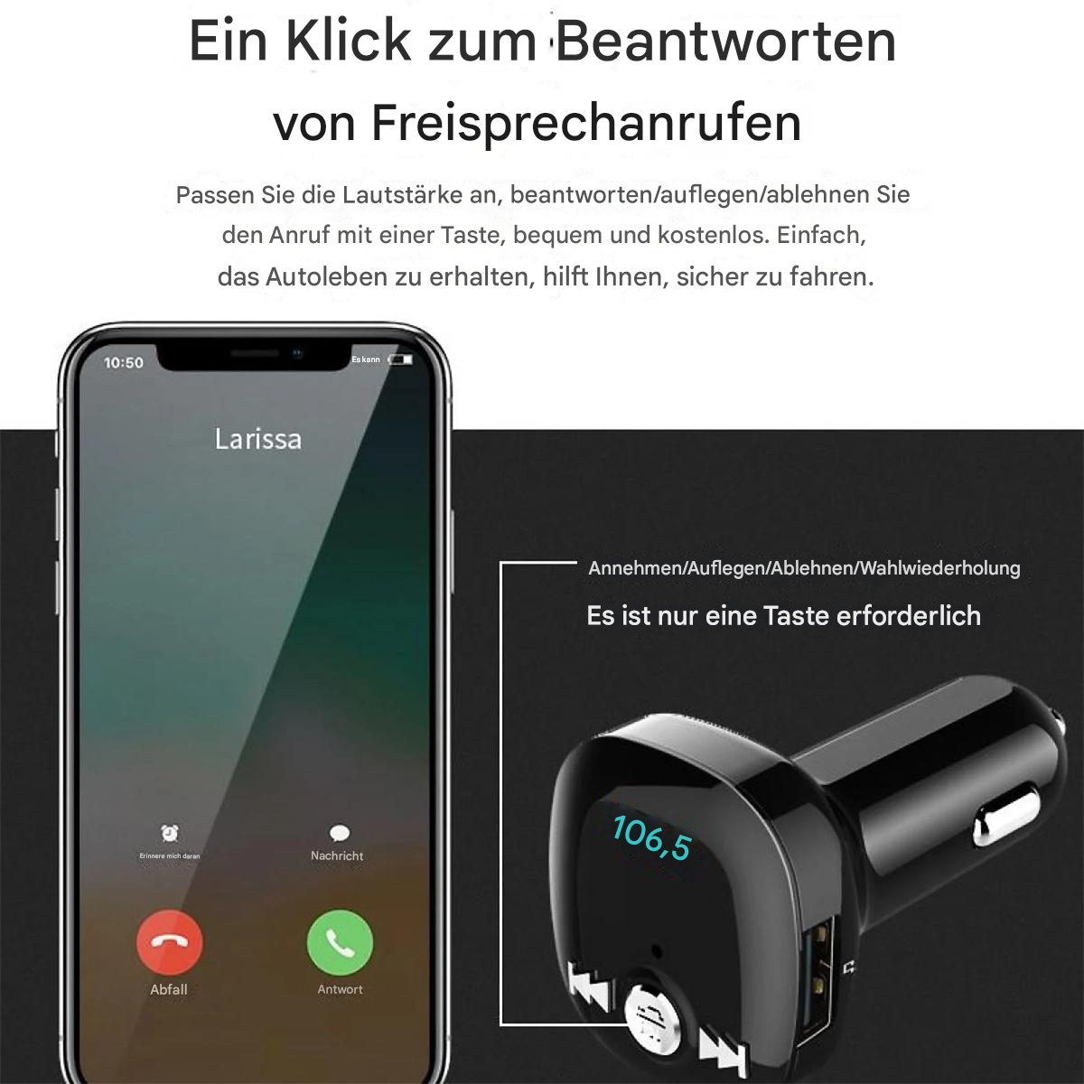 Telefonbildschirm mit Anruf von Larissa. Bluetooth-Gerät und Text. Annehmen/Ablehnen-Tasten.