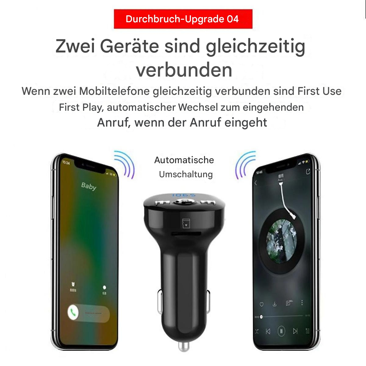 Bild mit zwei Telefonen und einem schwarzen Gerät. Text auf Deutsch über verbundene Geräte. Das Gerät ist ein Ladegerät.