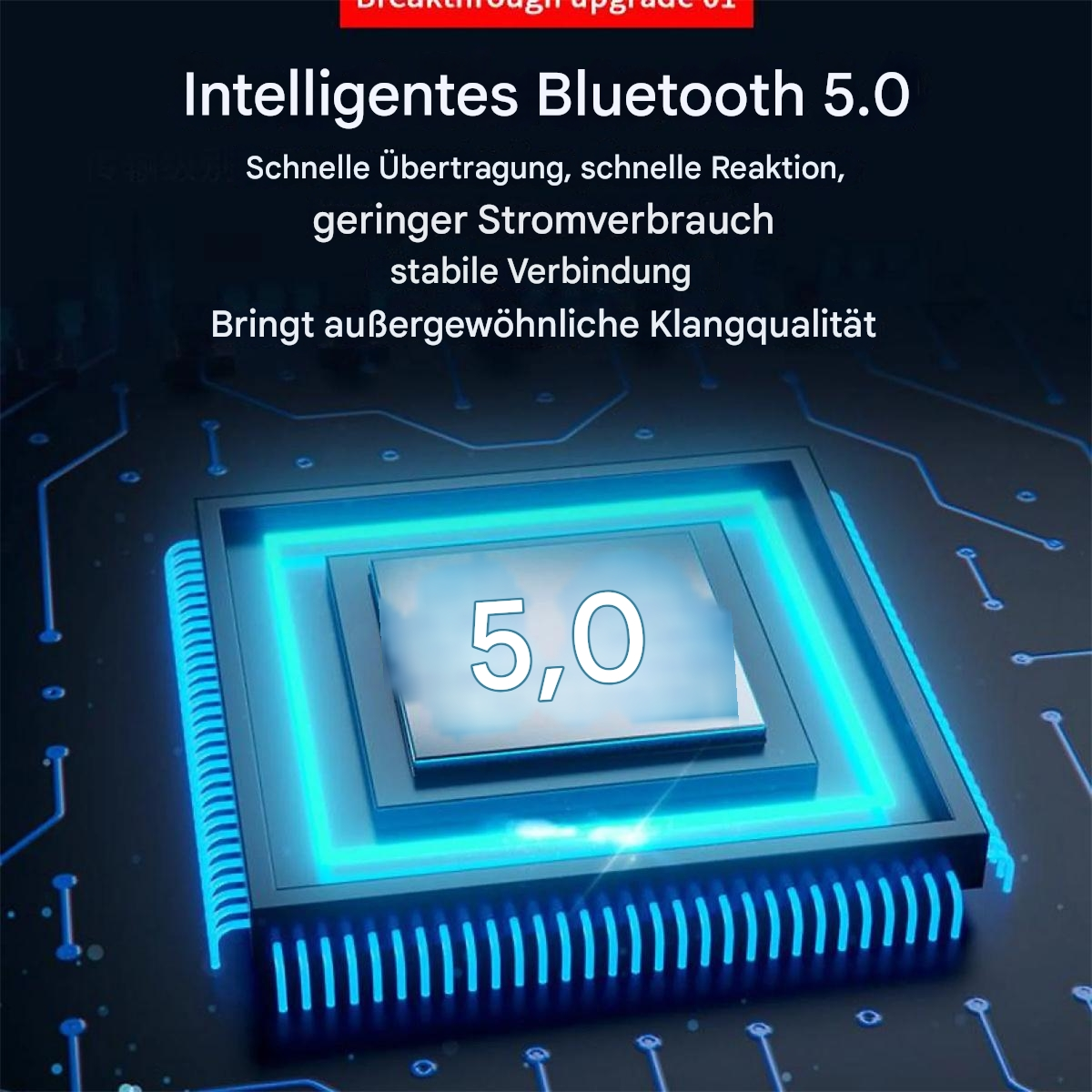 Ein Werbebild zeigt einen blau leuchtenden Chip mit 5.0, der Bluetooth 5.0 darstellt.