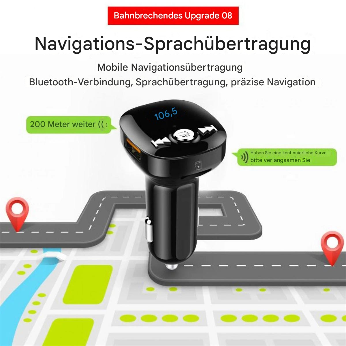 Navigationsgerät für das Auto. Schwarzes Gerät mit Bildschirm und Tasten. Straßenkarte im Hintergrund.
