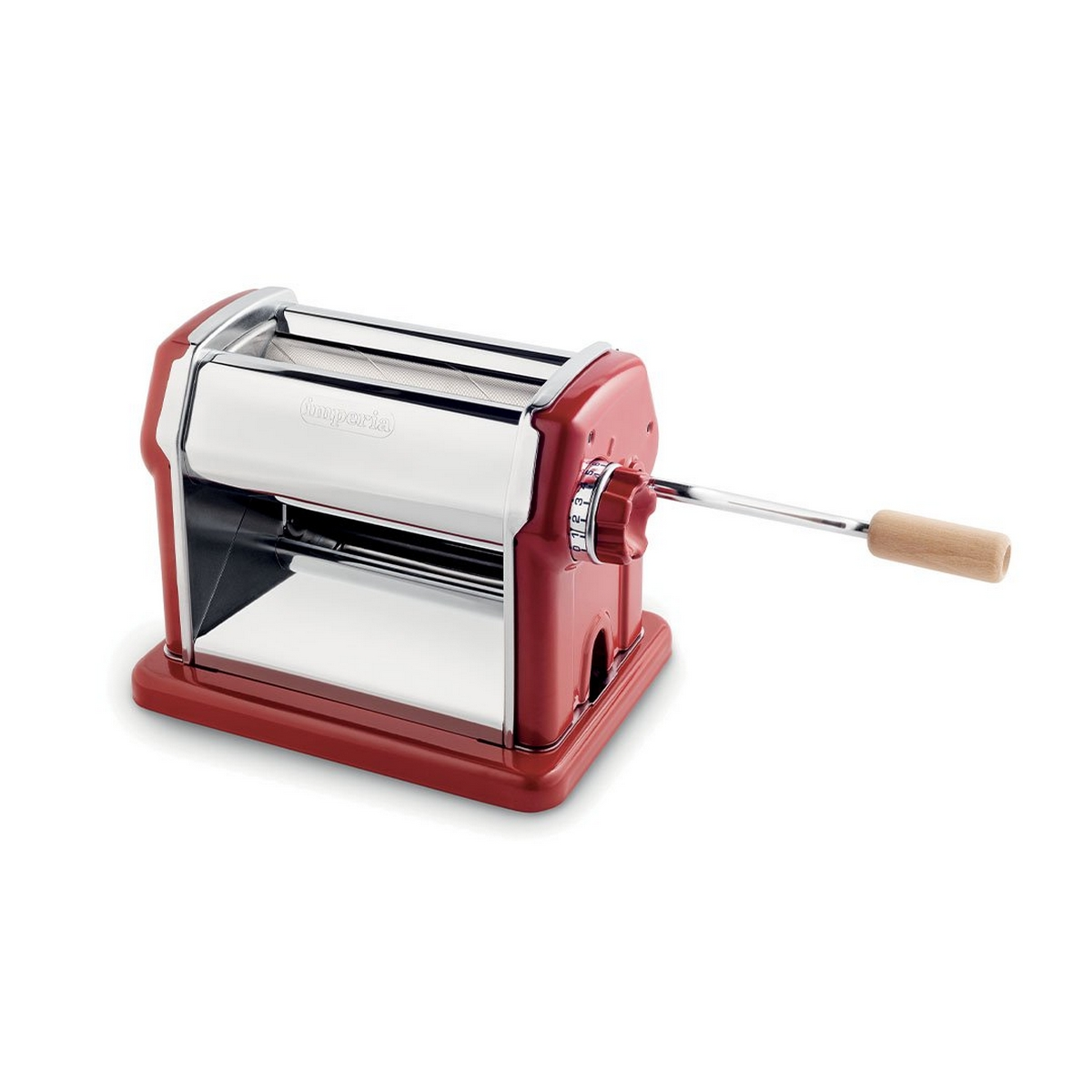 Macchina per pasta rossa con manico in legno.