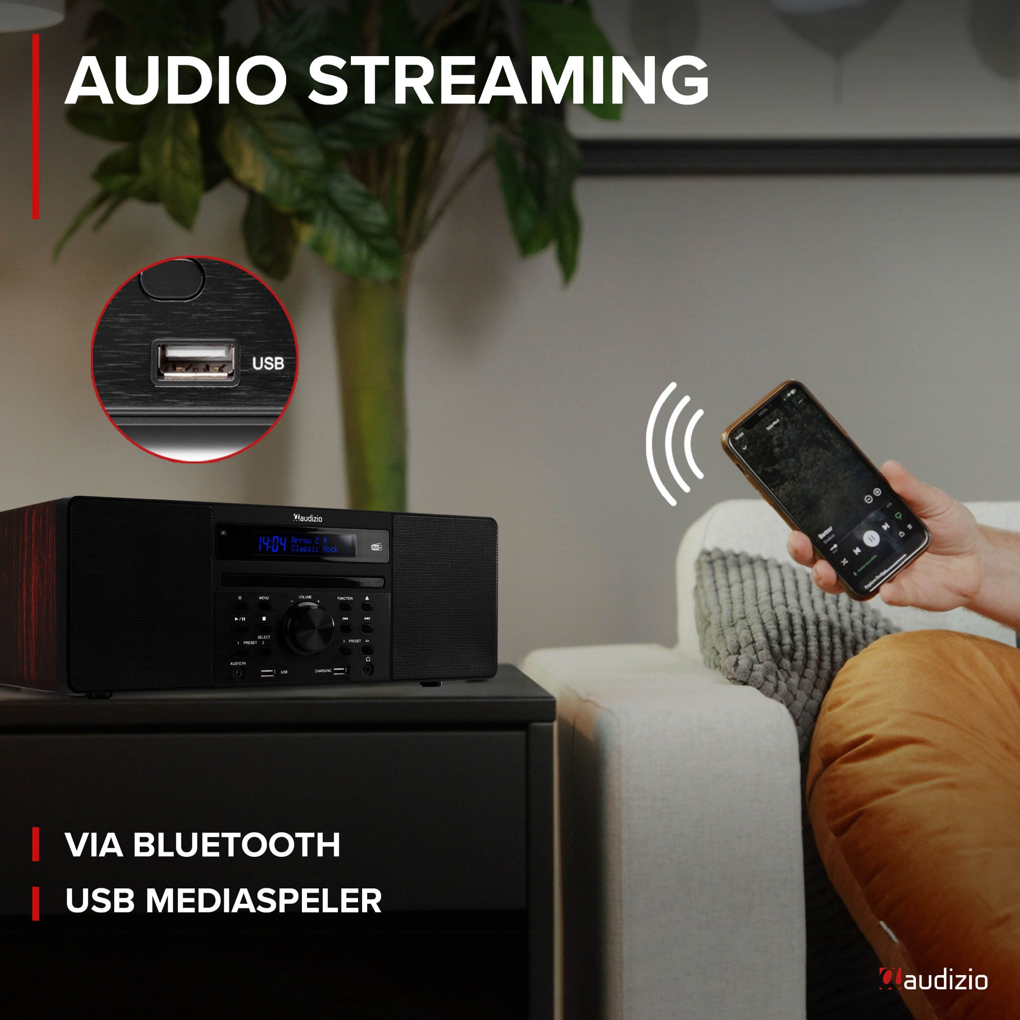 Schwarzes Radio mit USB-Anschluss, Text: Audio-Streaming, Via Bluetooth, USB-Mediaplayer.