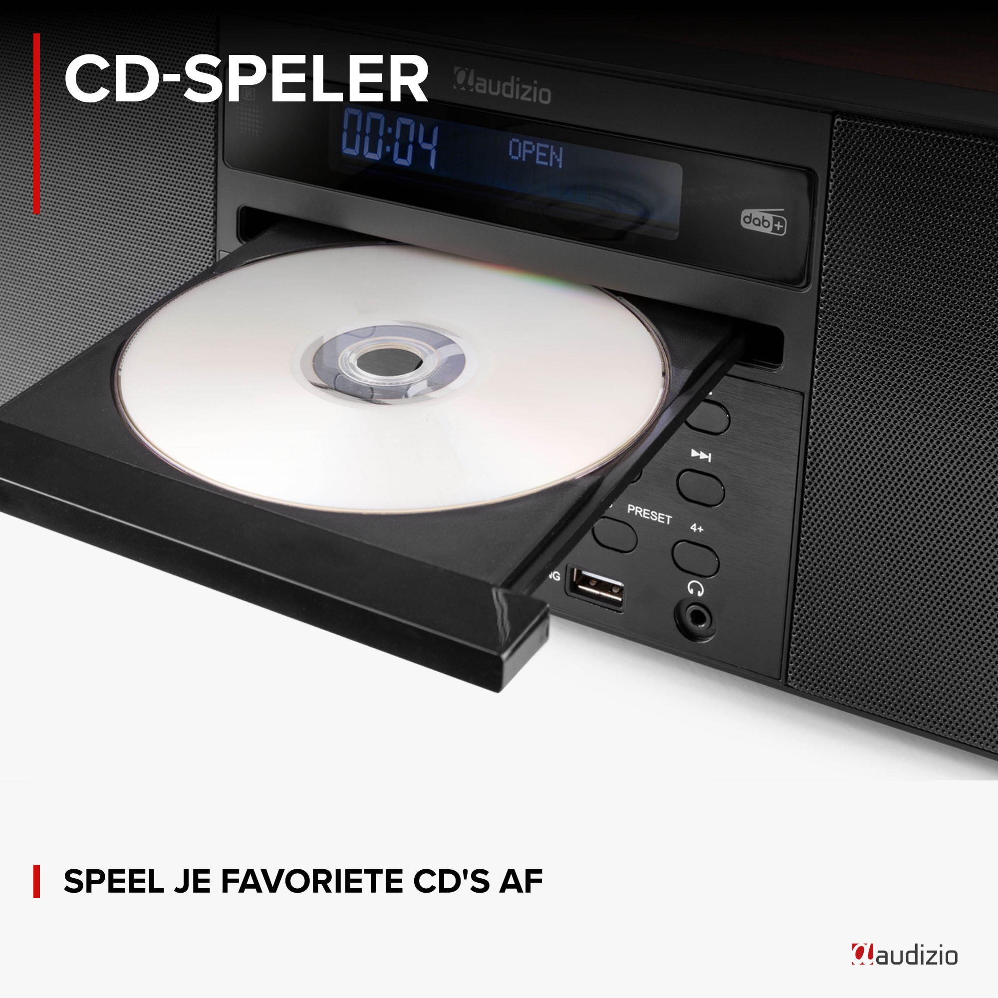 CD-Player mit offenem CD-Fach. Der Player ist schwarz und hat eine Digitalanzeige.