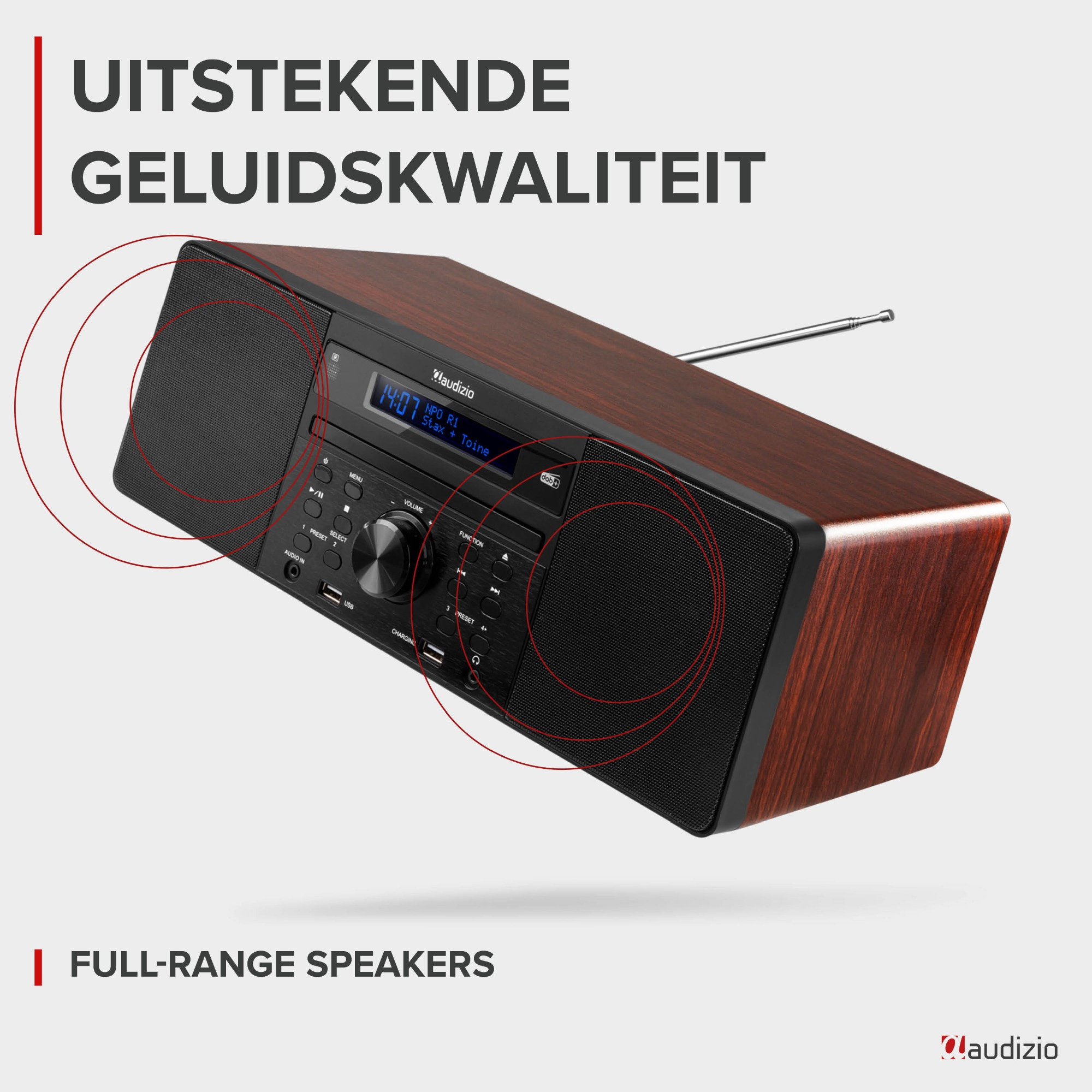 Radio in Holzoptik mit Lautsprechern und Knöpfen. Oben steht: Hervorragende Klangqualität.