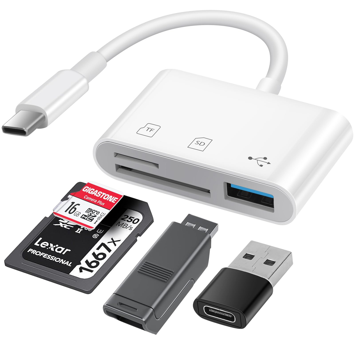 Weißer Kartenleser mit USB-C-Kabel, SD- und TF-Kartensteckplätzen und Karten.