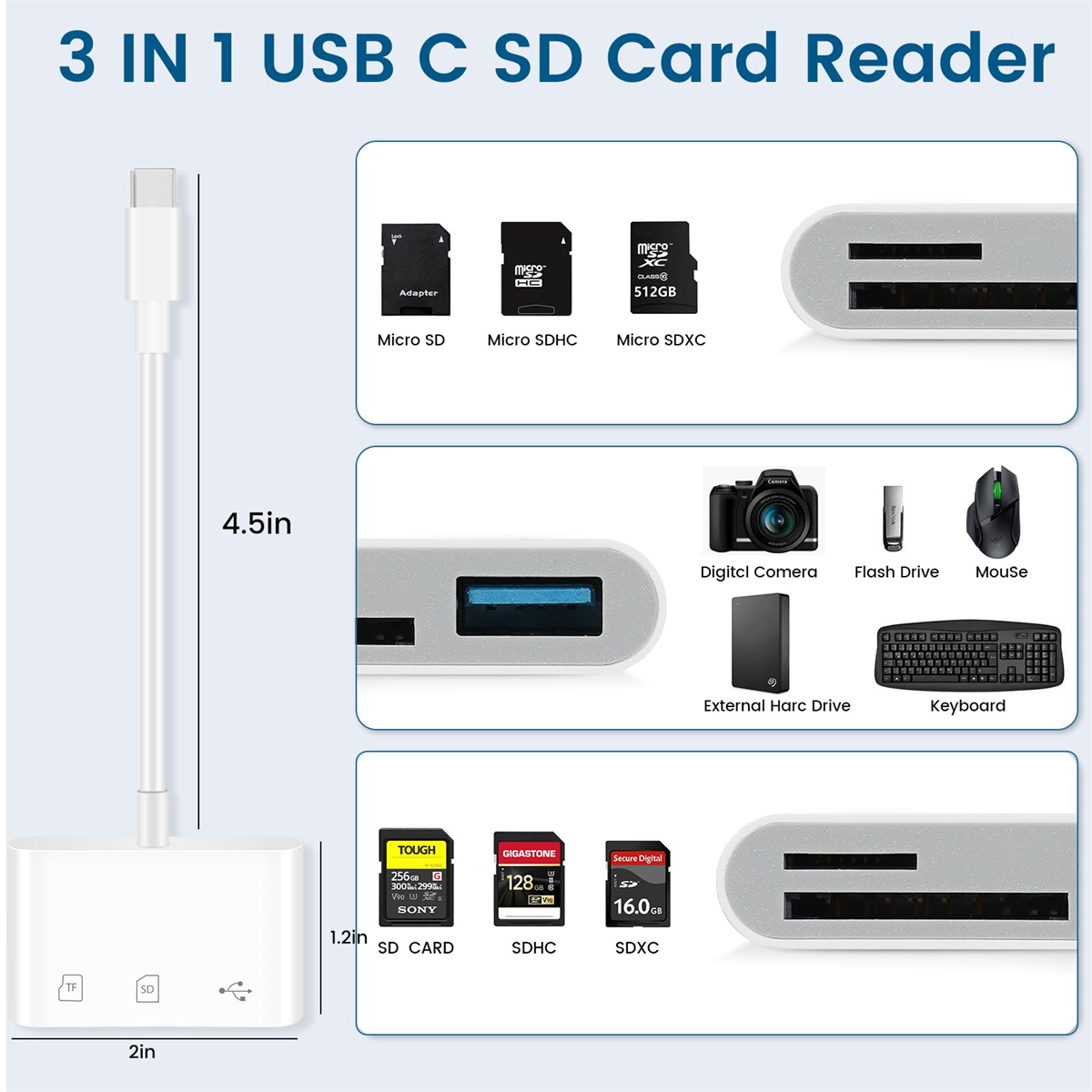 Ein USB-C SD-Kartenleser mit Karten und Zubehör, mit Abmessungen.