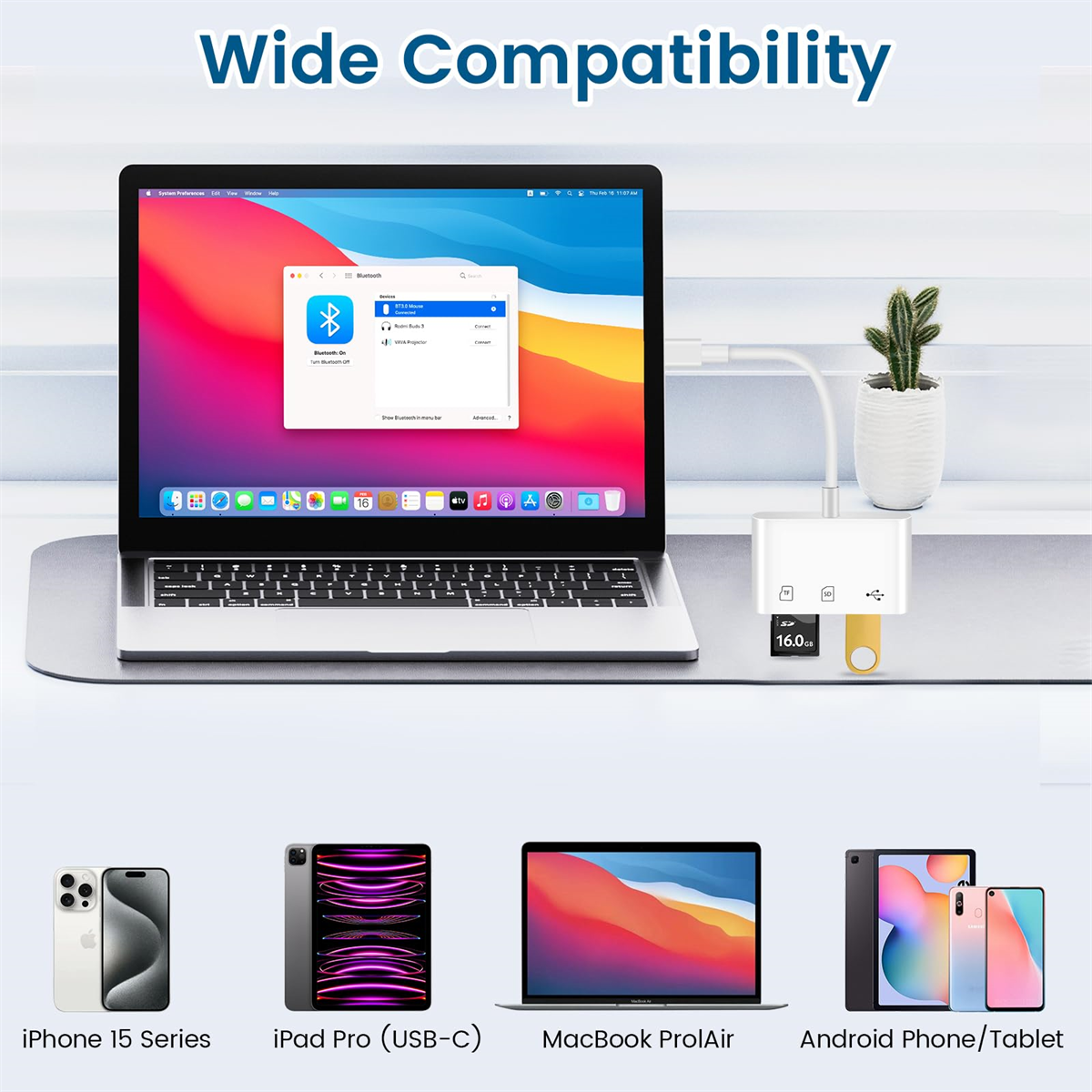 Laptop, Adapter und verschiedene Geräte, die breite Kompatibilität zeigen.