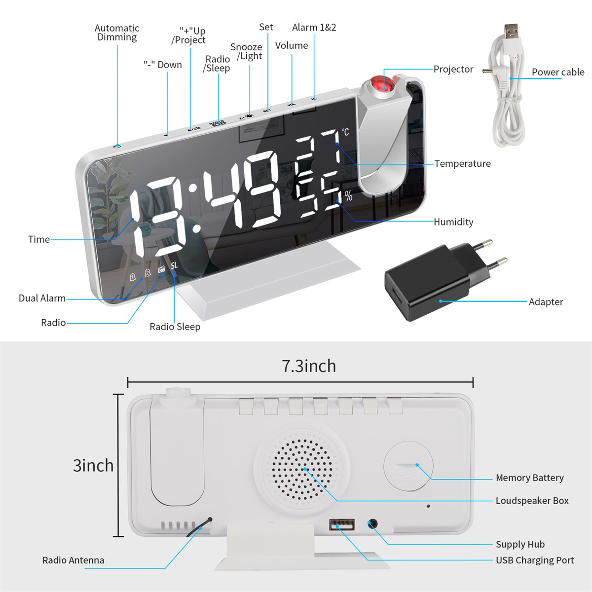 Digitaler Wecker. Zeigt Zeit, Temperatur und Luftfeuchtigkeit an. Enthält Projektor, Adapter und Netzkabel.