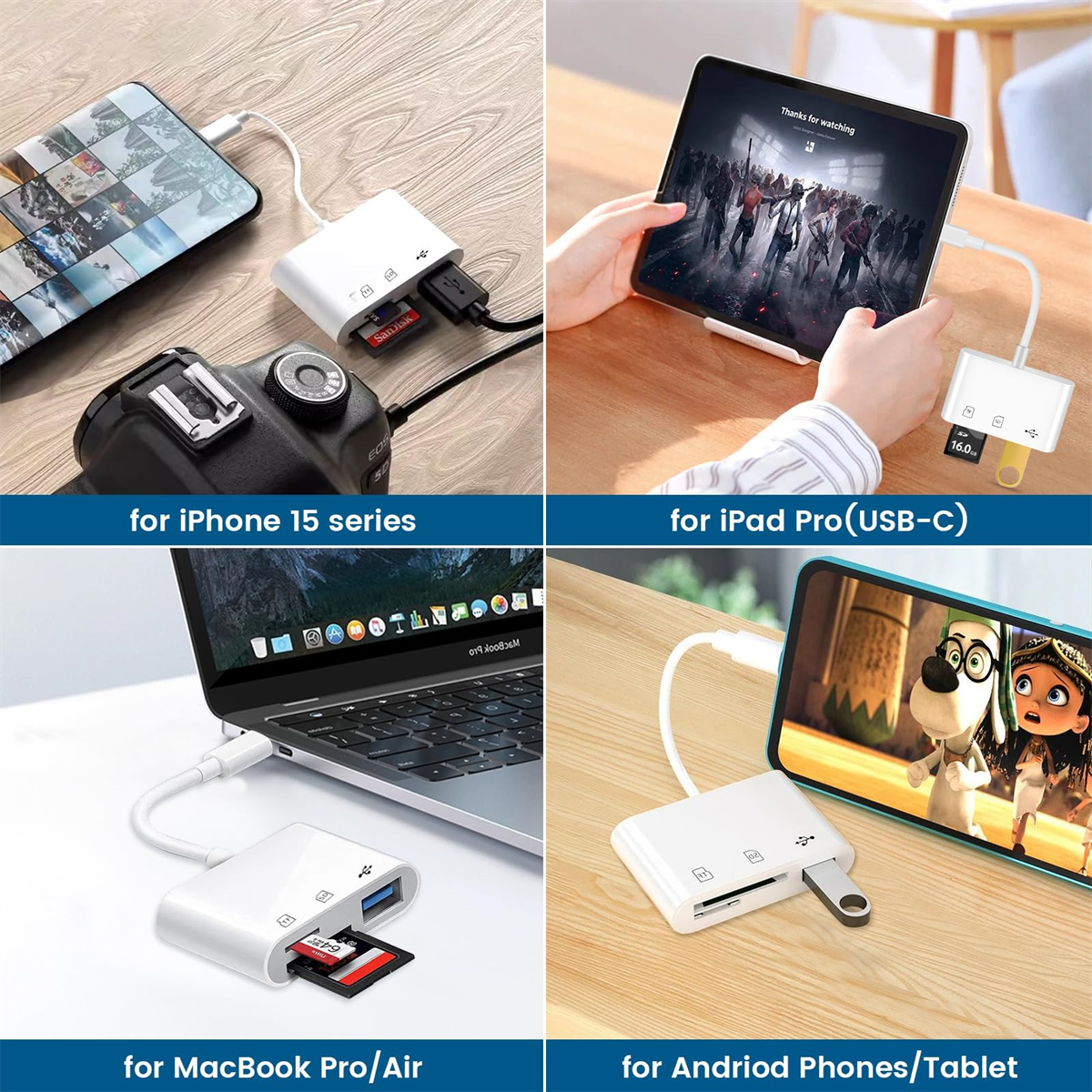 Vier verschiedene USB-Adapter für iPhone, iPad, MacBook und Android-Geräte. Zeigt, wie man sich verbindet und überträgt.
