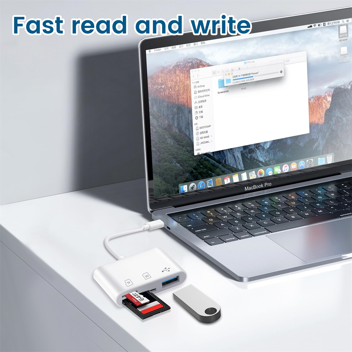 Laptop mit Kartenleser und USB-Laufwerk. Text: Schnelles Lesen und Schreiben.