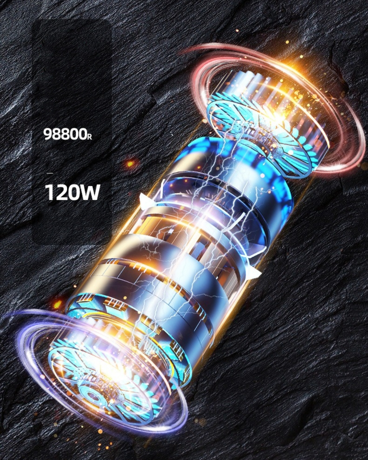 Nahaufnahme einer Maschine mit blauen und silbernen Komponenten, die 98800r und 120W anzeigt.