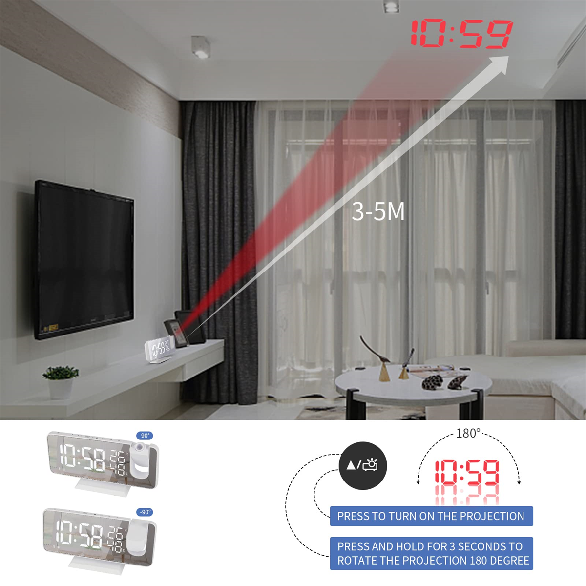 Eine Digitaluhr projiziert die Uhrzeit an die Decke. Rote Zahlen auf weißem Hintergrund. Anweisungen sind sichtbar.