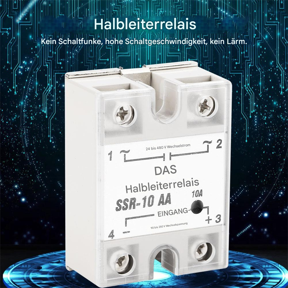 Halbleiterrelais: beschriftet mit Anschlüssen, Spannungsspezifikationen und einem weißen rechteckigen Körper.