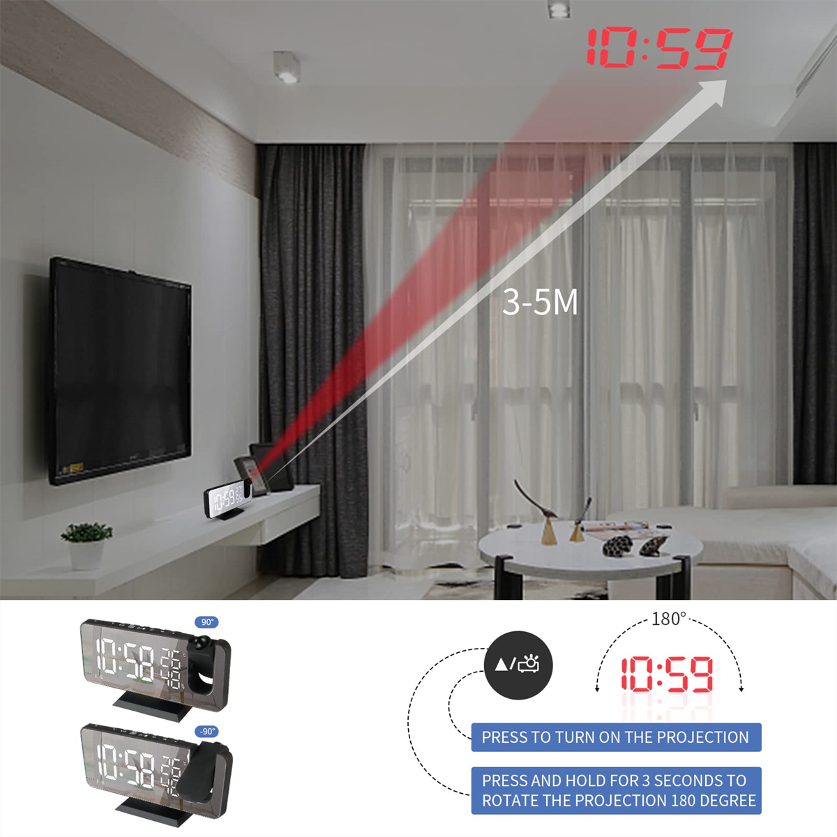 Eine Digitaluhr projiziert die Zeit an die Decke. Die Uhr steht auf einer weißen Oberfläche in einem Raum.