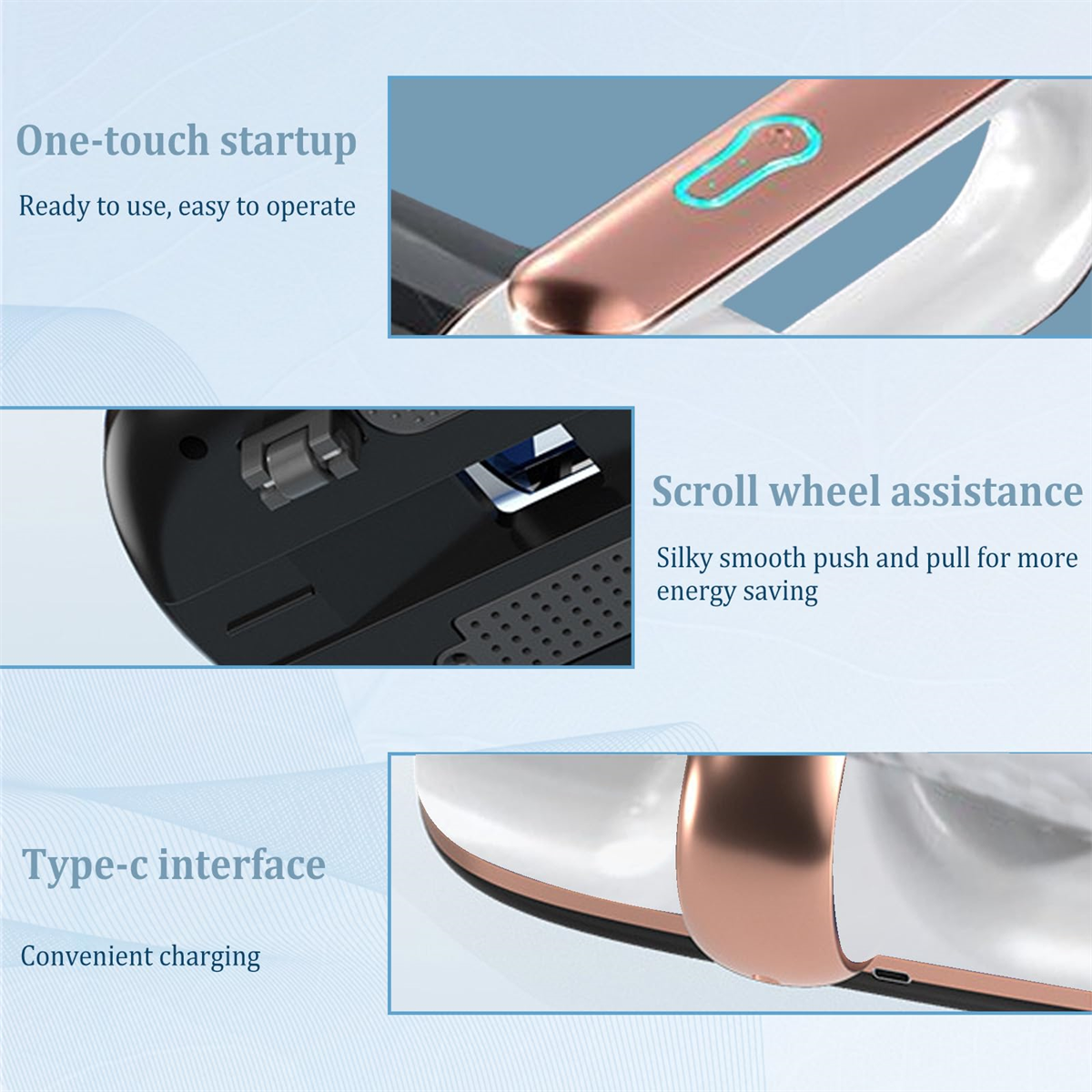 Nahaufnahme eines Geräts mit Textfeldern, die Funktionen detailliert beschreiben: One-Touch-Start, Scrollrad und Typ-C-Schnittstelle.