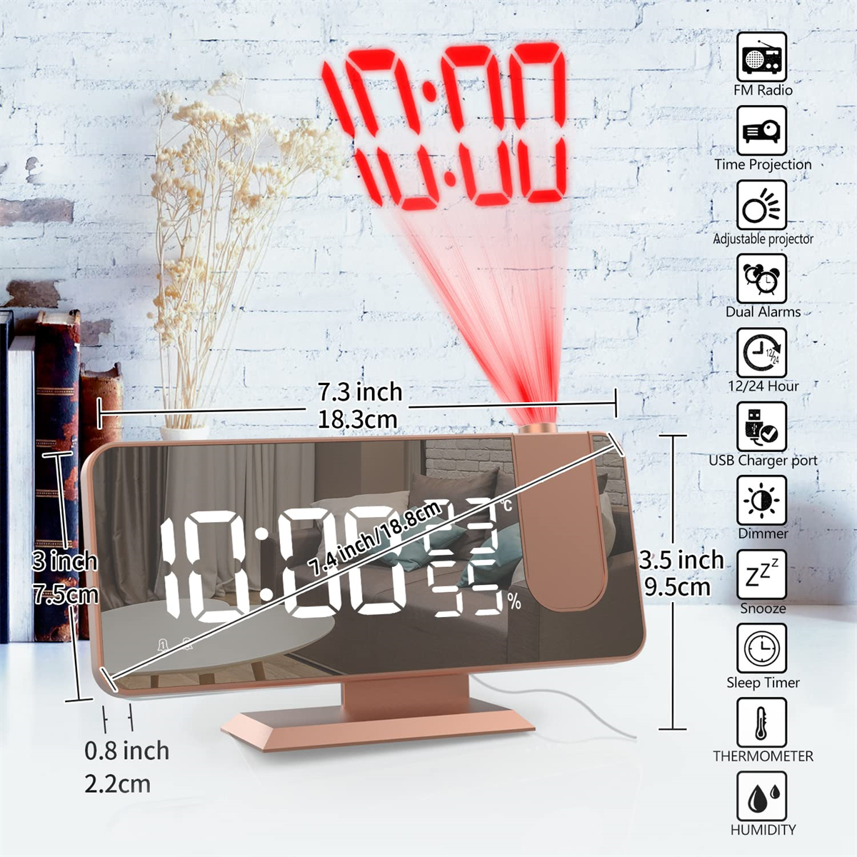Digitaler Wecker mit Zeitanzeige. Zeigt Zeit, Temperatur und Luftfeuchtigkeit an. Verfügt über einstellbare Einstellungen.