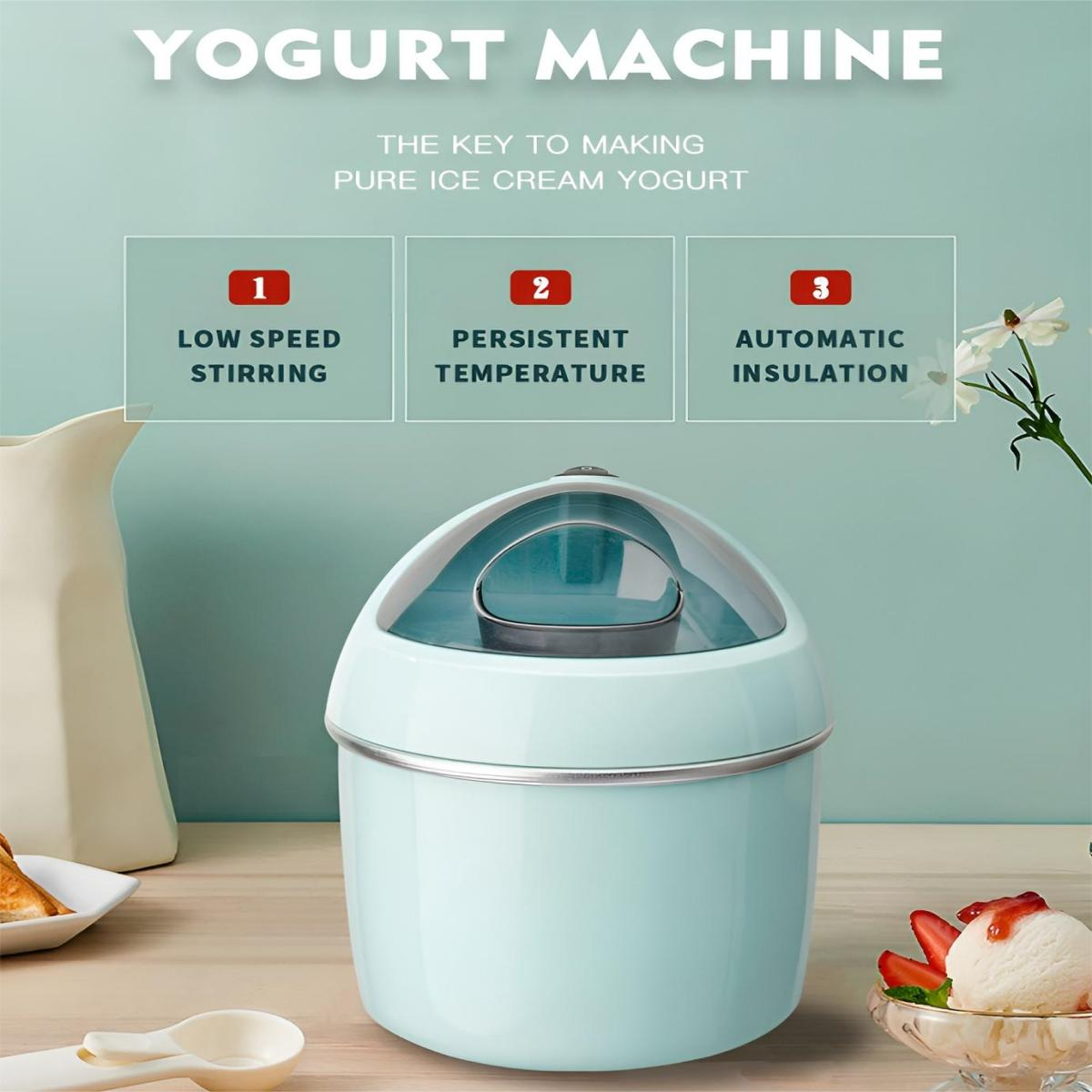 Eine türkisfarbene Joghurtmaschine. Das Bild zeigt 'langsames Rühren', 'konstante Temperatur' und 'automatische Isolierung'.