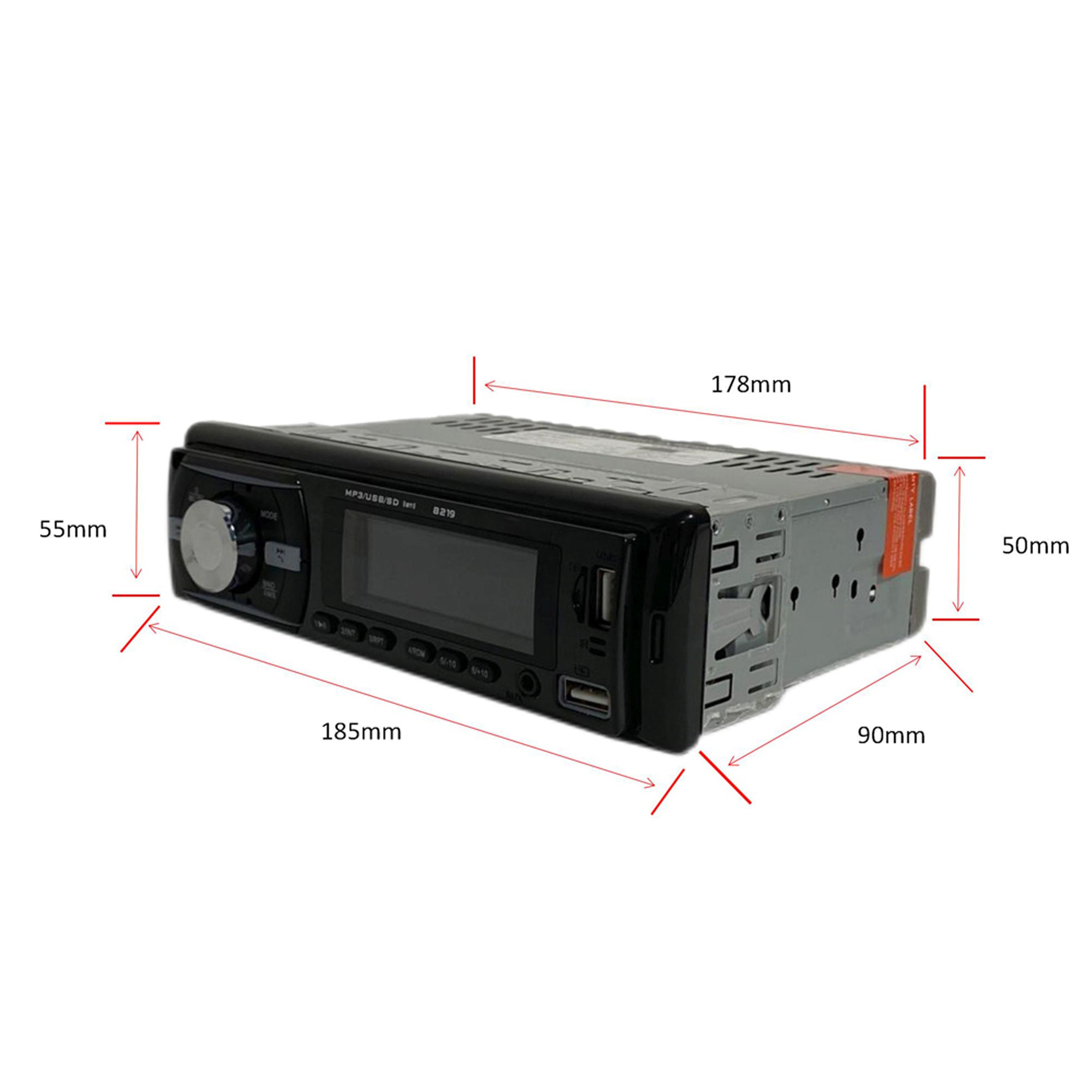 Schwarzes Autoradio mit beschrifteten Maßen. Anzeigen, Knöpfe und USB-Anschlüsse sind sichtbar.