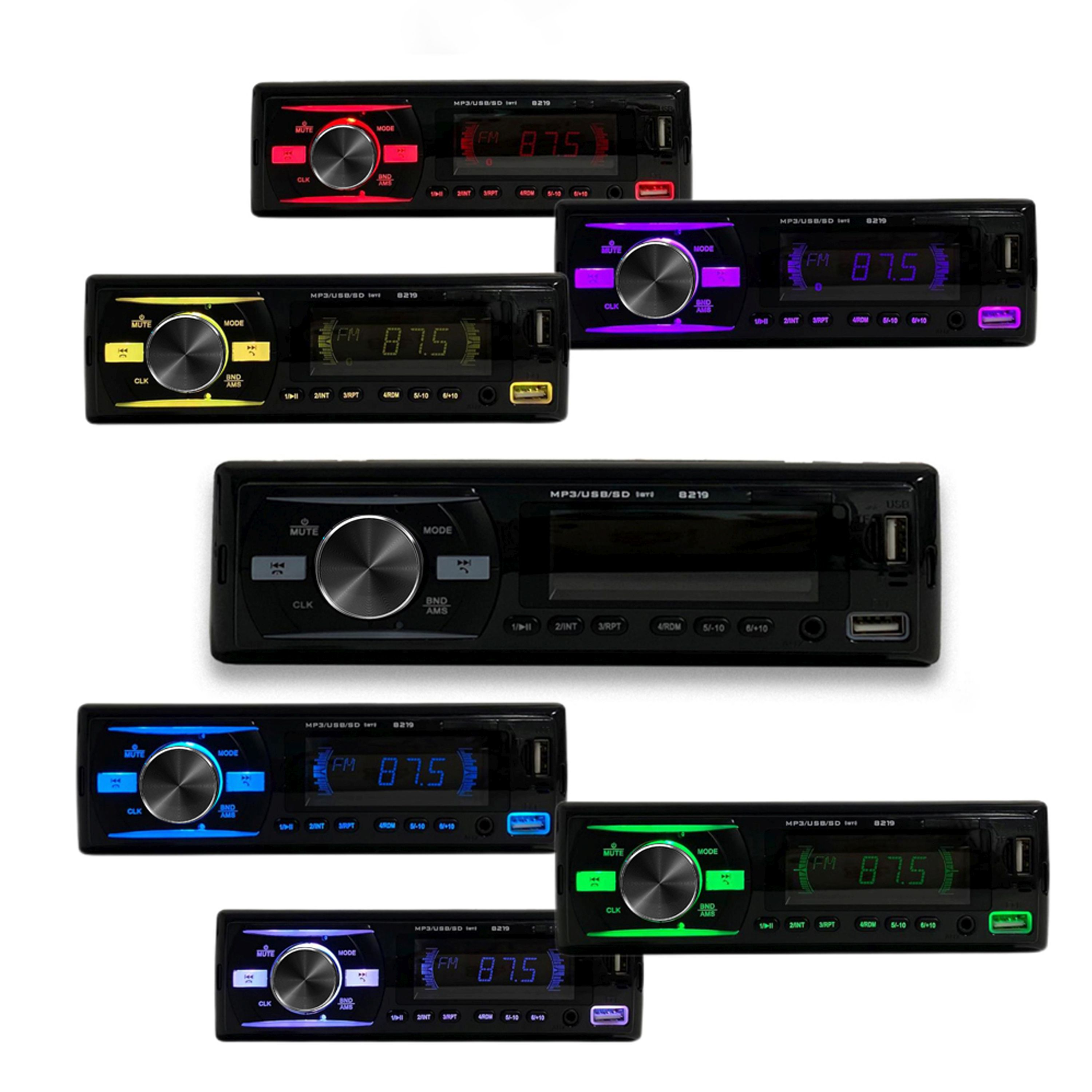 Autoradio mit verschiedenen Lichtoptionen. Schwarze Farbe, weißer Hintergrund.