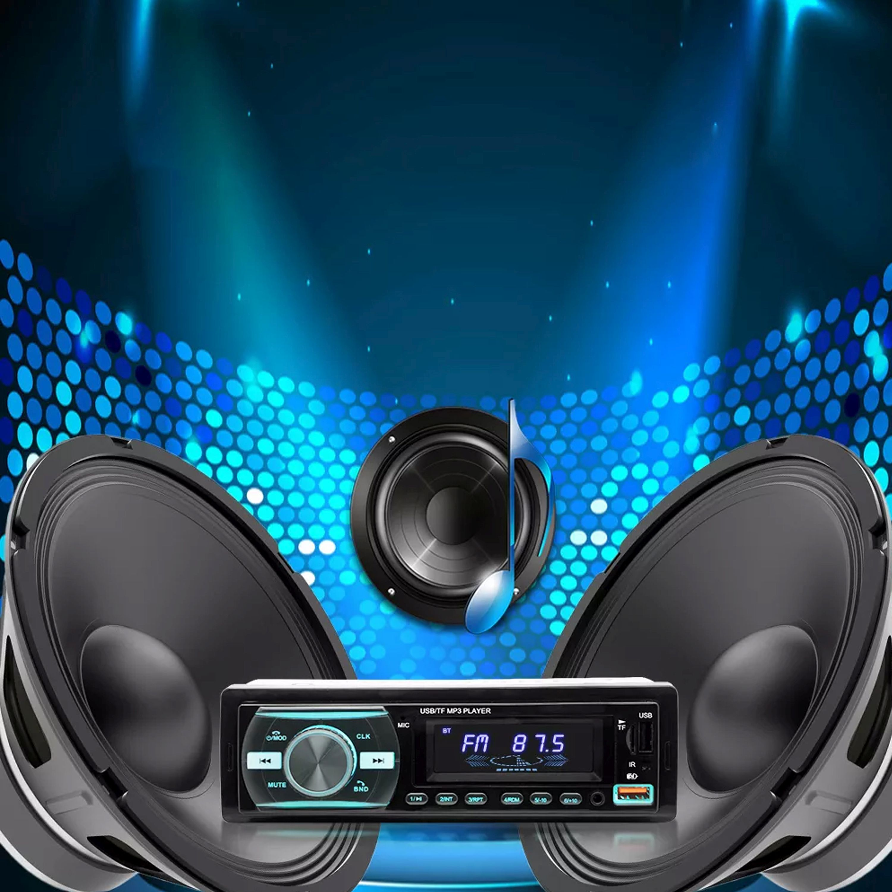 Auto-Audiosystem mit Lautsprechern und Player, auf blau-weißem Hintergrund.