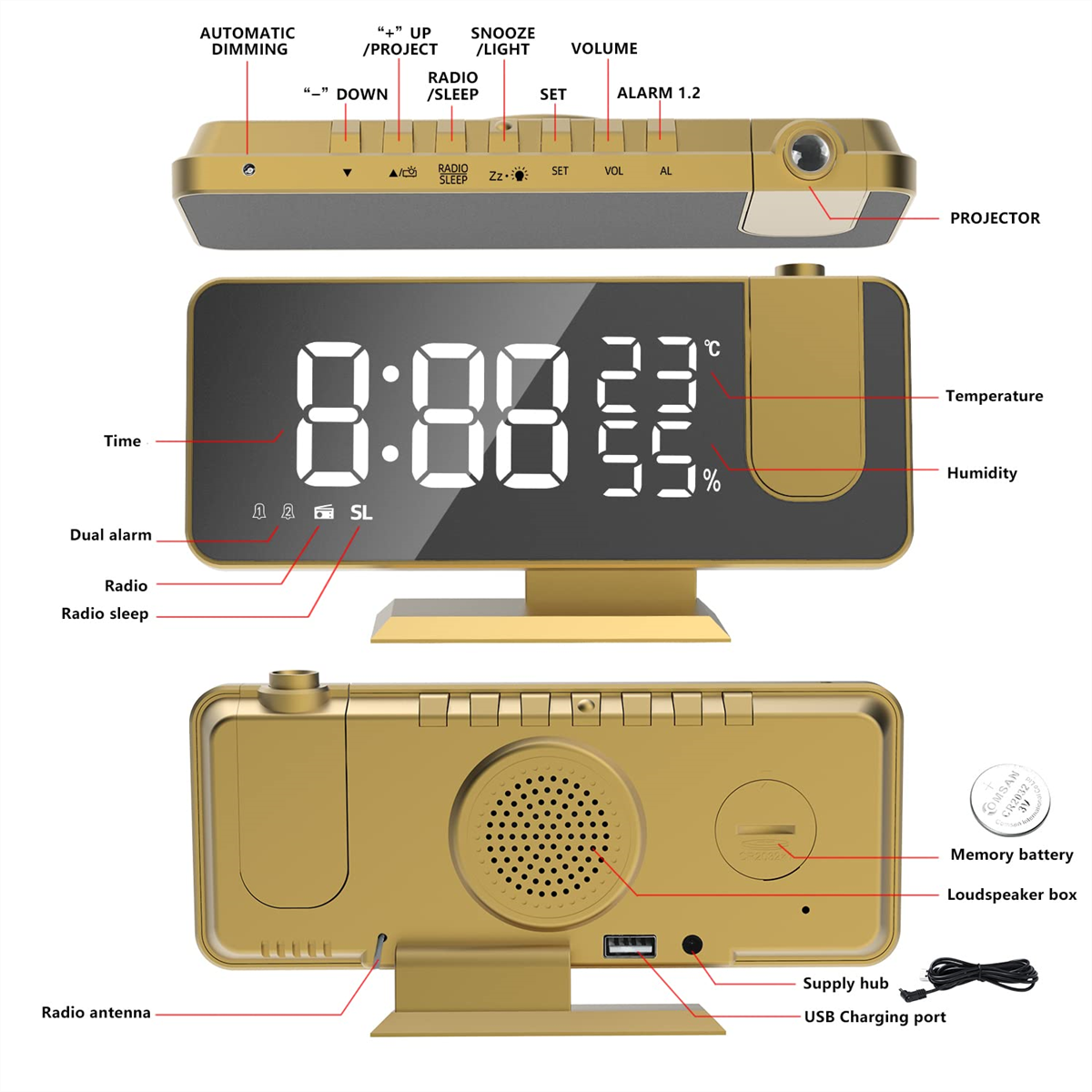 Digitaluhr mit vielen Knöpfen, Zeitanzeige, Temperatur- und Feuchtigkeitsmessung.