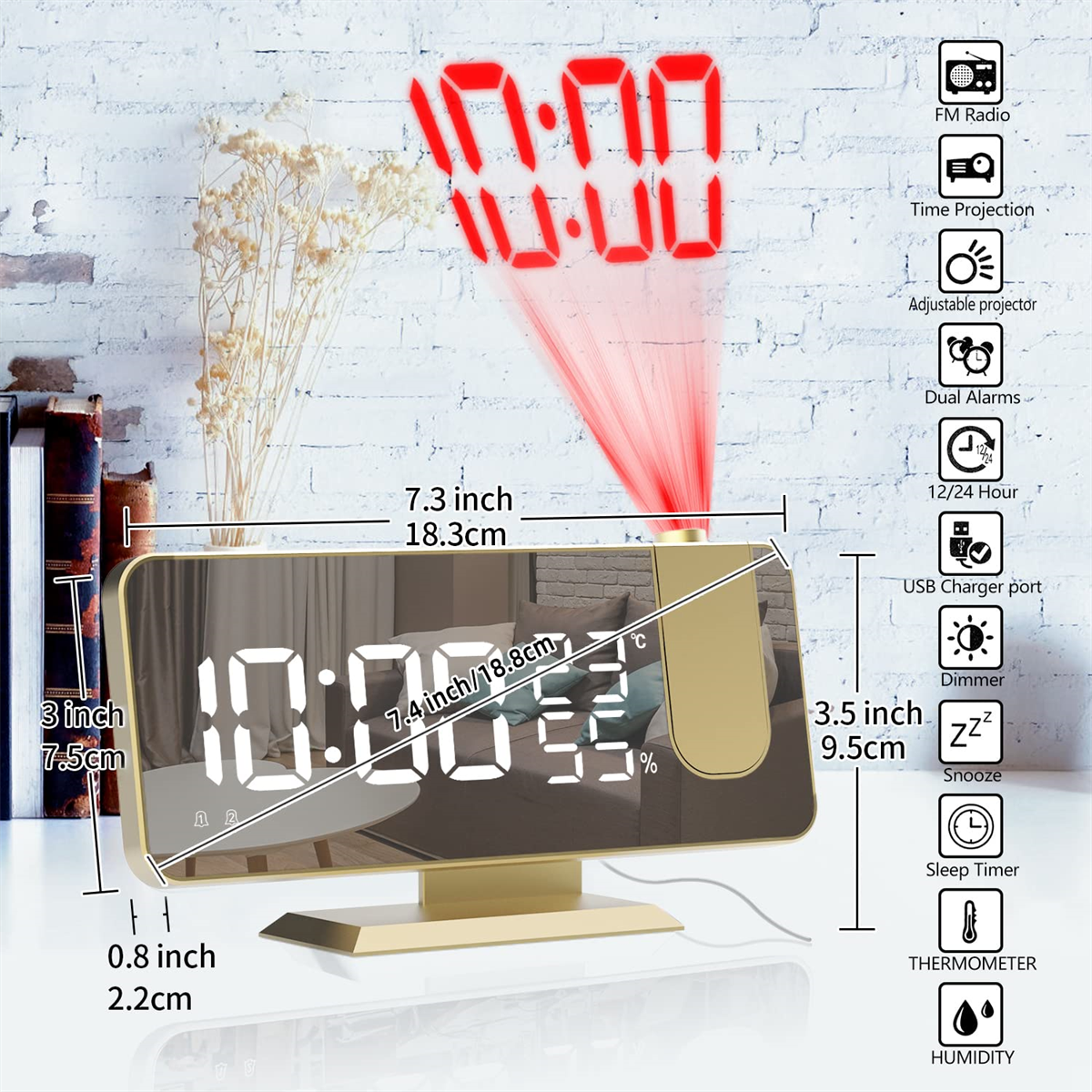 Digitaler Wecker mit Zeit, Abmessungen und Funktionen wie Projektor und Dual-Alarme.