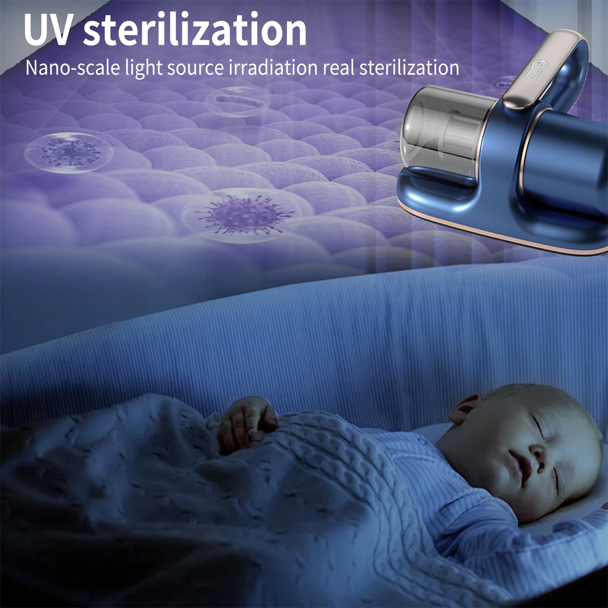 Ein UV-Sterilisationsgerät. Ein Baby schläft in einem Kinderbett, und Licht sterilisiert unsichtbare Keime.