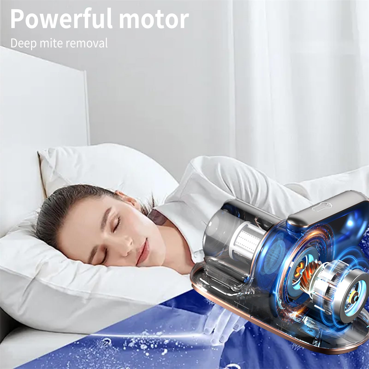 Eine Frau schläft, und ein Staubsauger schwebt in der Nähe mit starkem Motor und tiefgreifender Milbenentfernung.