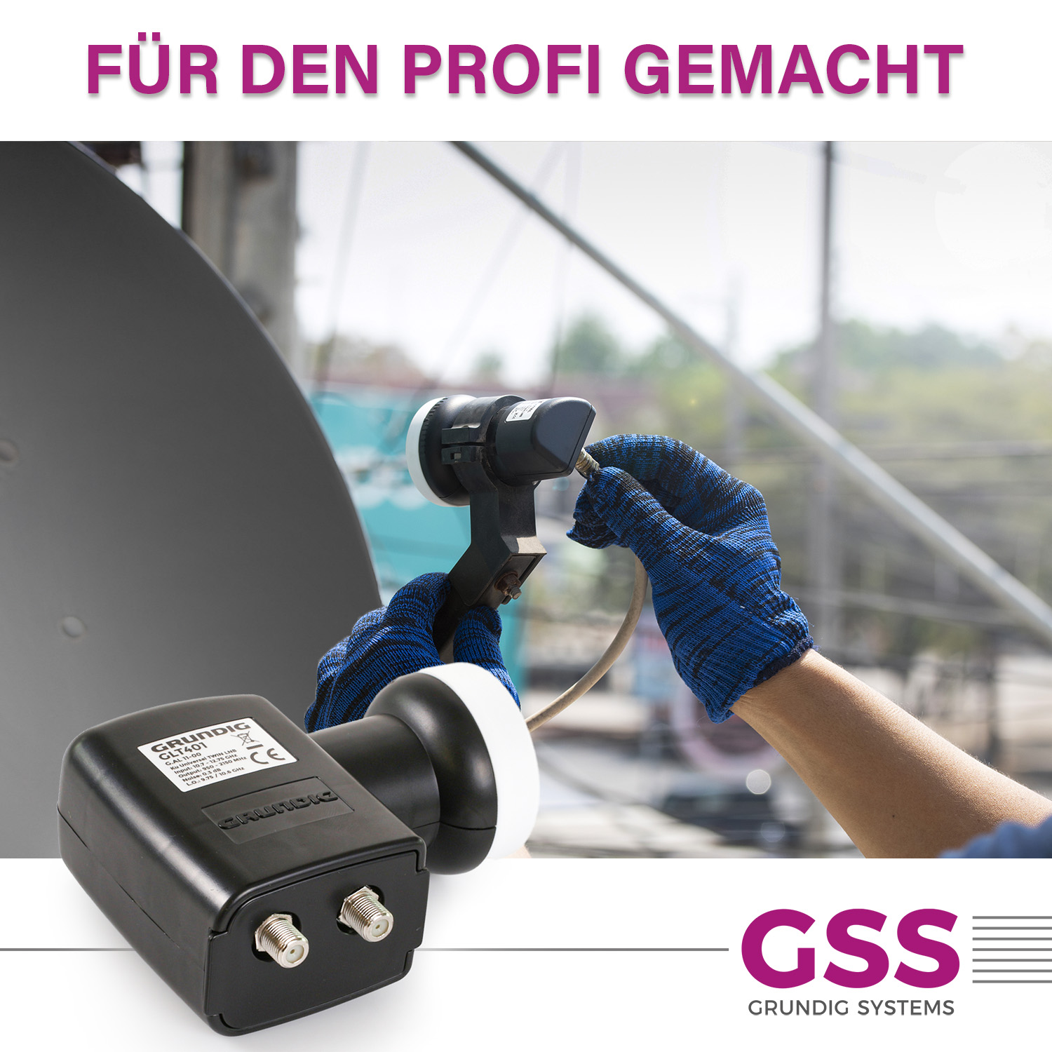 Mann mit Handschuhen arbeitet an Satellitenschüssel mit Komponenten.