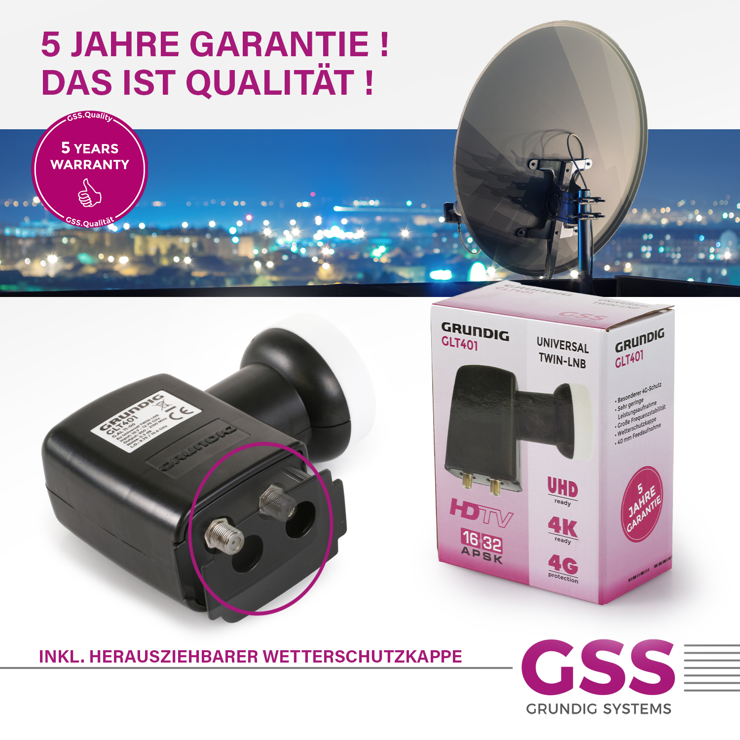 Eine Satellitenschüssel mit einem Grundig LNB und einem Produktkarton mit Garantieinformationen.