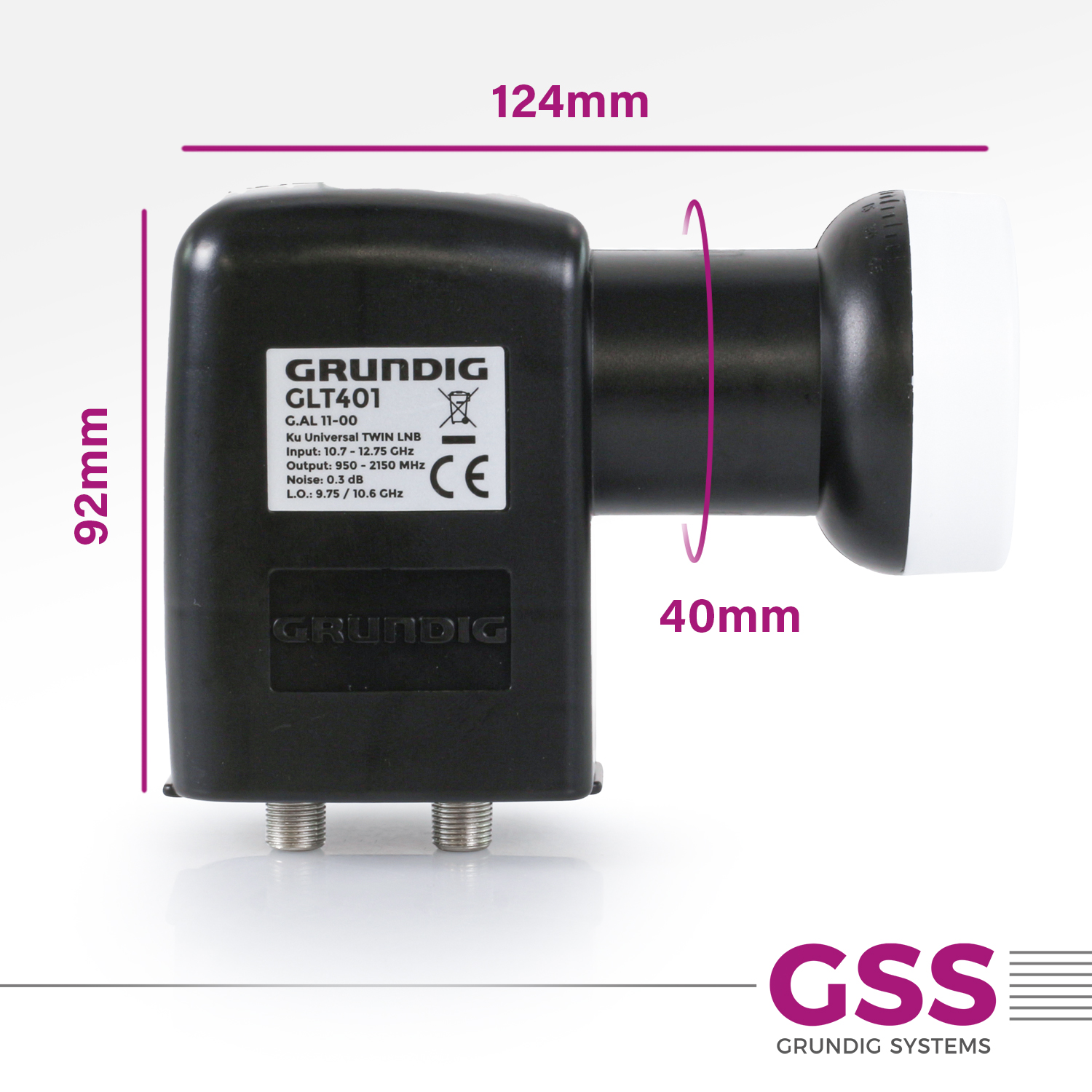 Ein schwarzes LNB mit Abmessungen in mm und Produktinformationen, isoliert auf weißem Hintergrund.