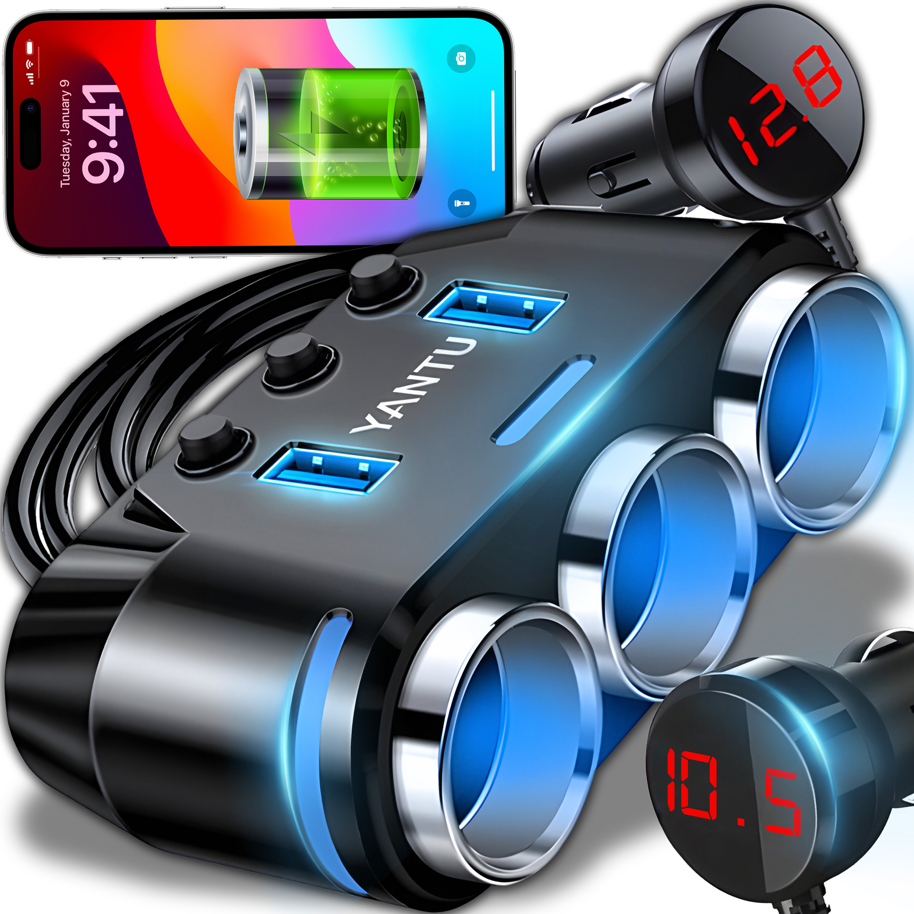 Ein schwarzes Autoladegerät mit mehreren USB-Anschlüssen und einer Digitalanzeige, die die Spannung anzeigt.