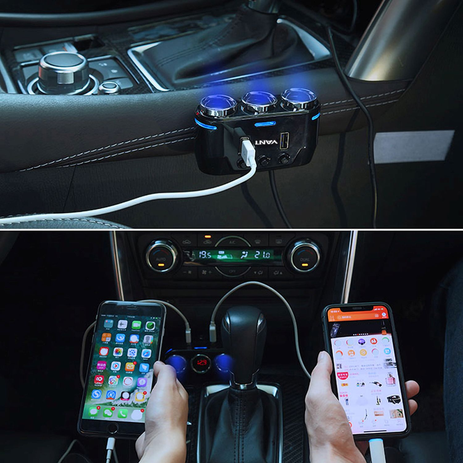 Schwarzes Autoladegerät mit 3 USB-Anschlüssen. Zwei Handys sind angeschlossen, eines zeigt eine Shopping-App.