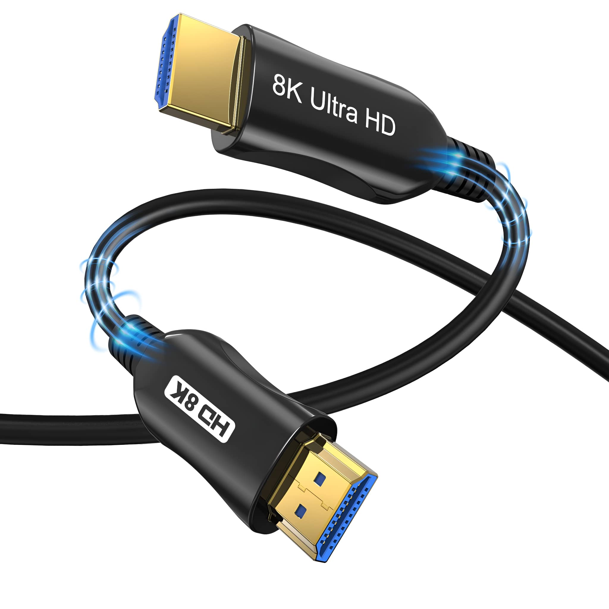 Ein schwarzes HDMI-Kabel mit goldenen und blauen Steckern. Es ist mit '8K Ultra HD' und '8K HD' beschriftet.