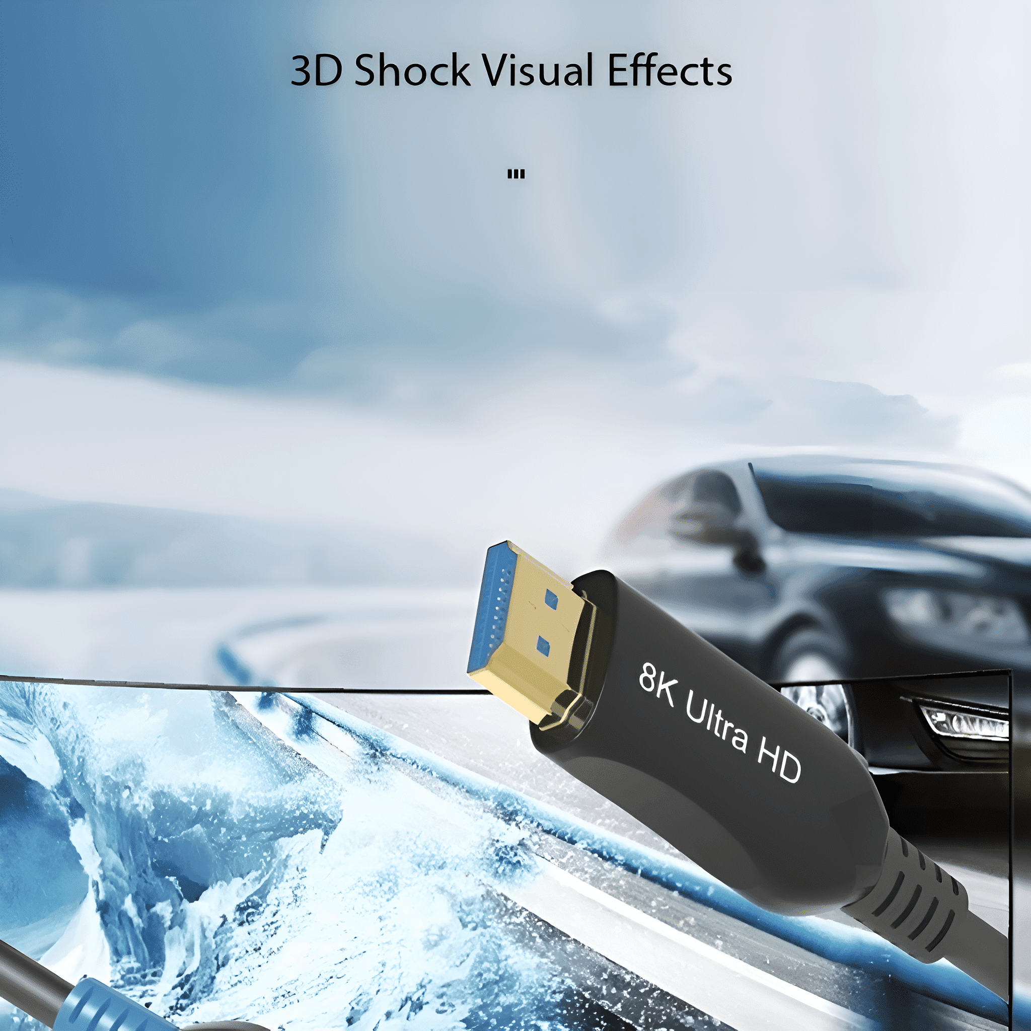 Ein HDMI-Kabel, das an einen Fernsehbildschirm angeschlossen ist. Es zeigt ein 8K Ultra HD-Bild an. Das Kabel und der Bildschirm sind schwarz.