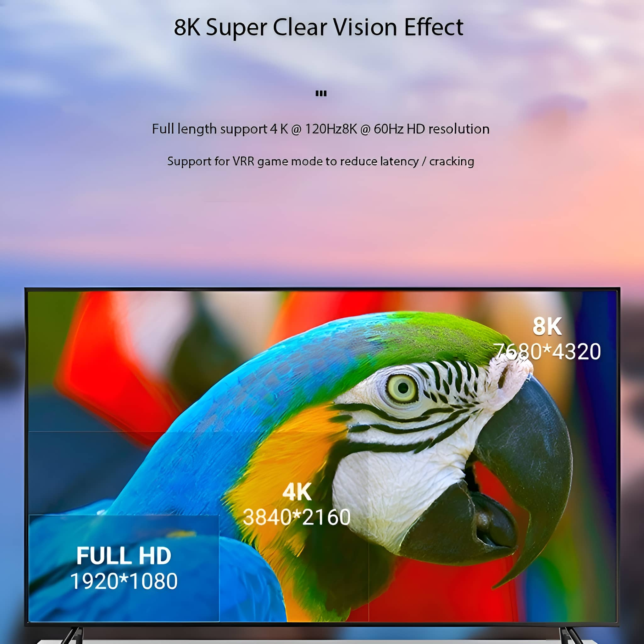 TV-Bildschirm mit einem Bild eines Aras und Text, der 8K-, 4K- und Full HD-Auflösung anzeigt.