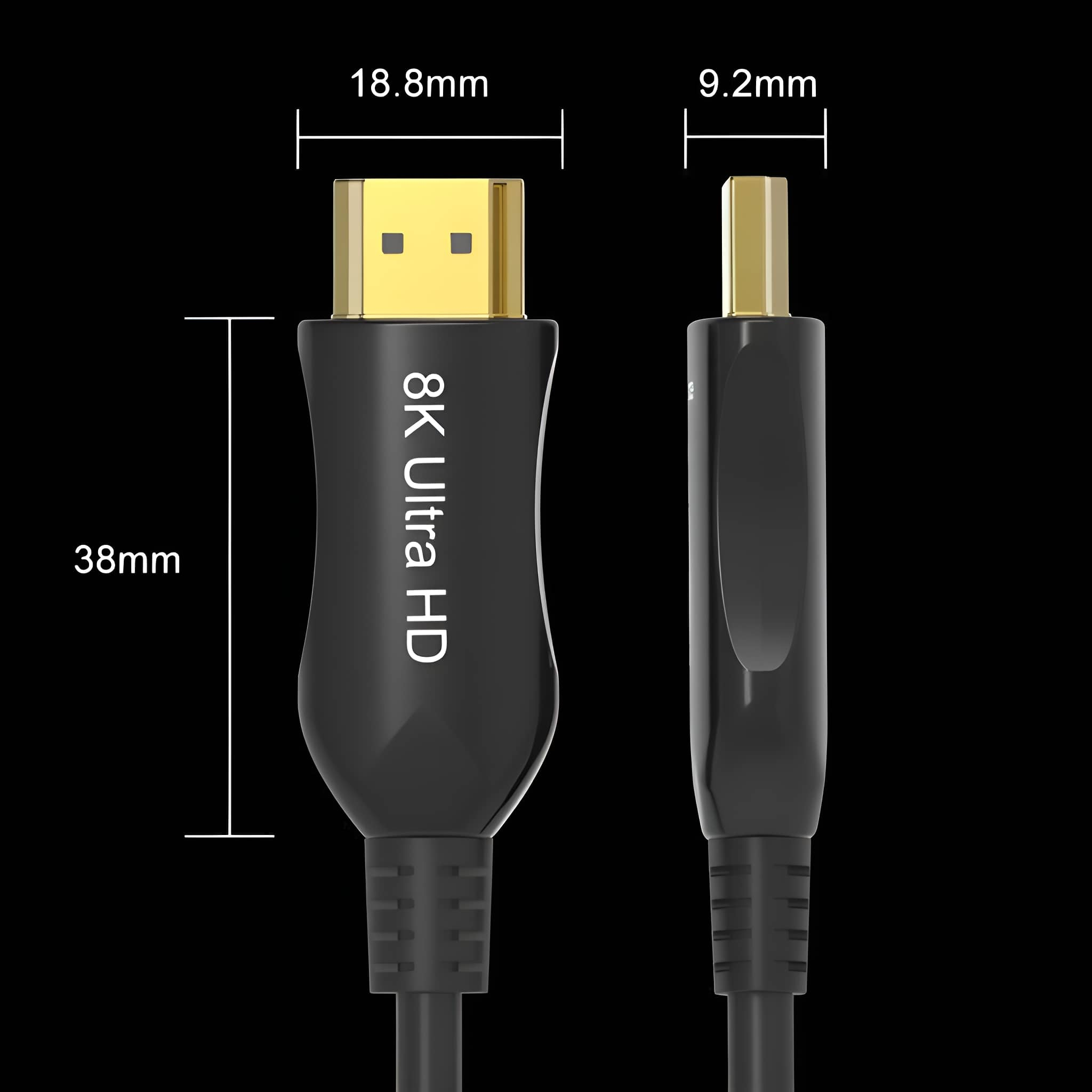 Schwarzes 8K Ultra HD HDMI-Kabel. Abmessungen in mm: 18,8, 9,2 und 38.