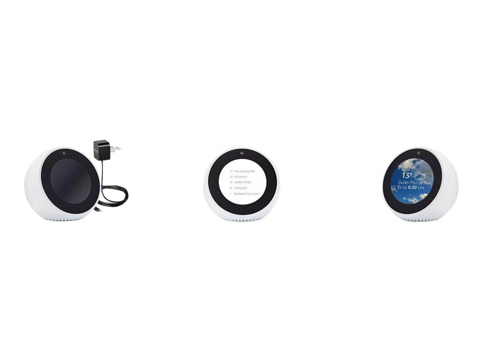 Trzy białe urządzenia smart home, każde z ekranem, na białym tle.