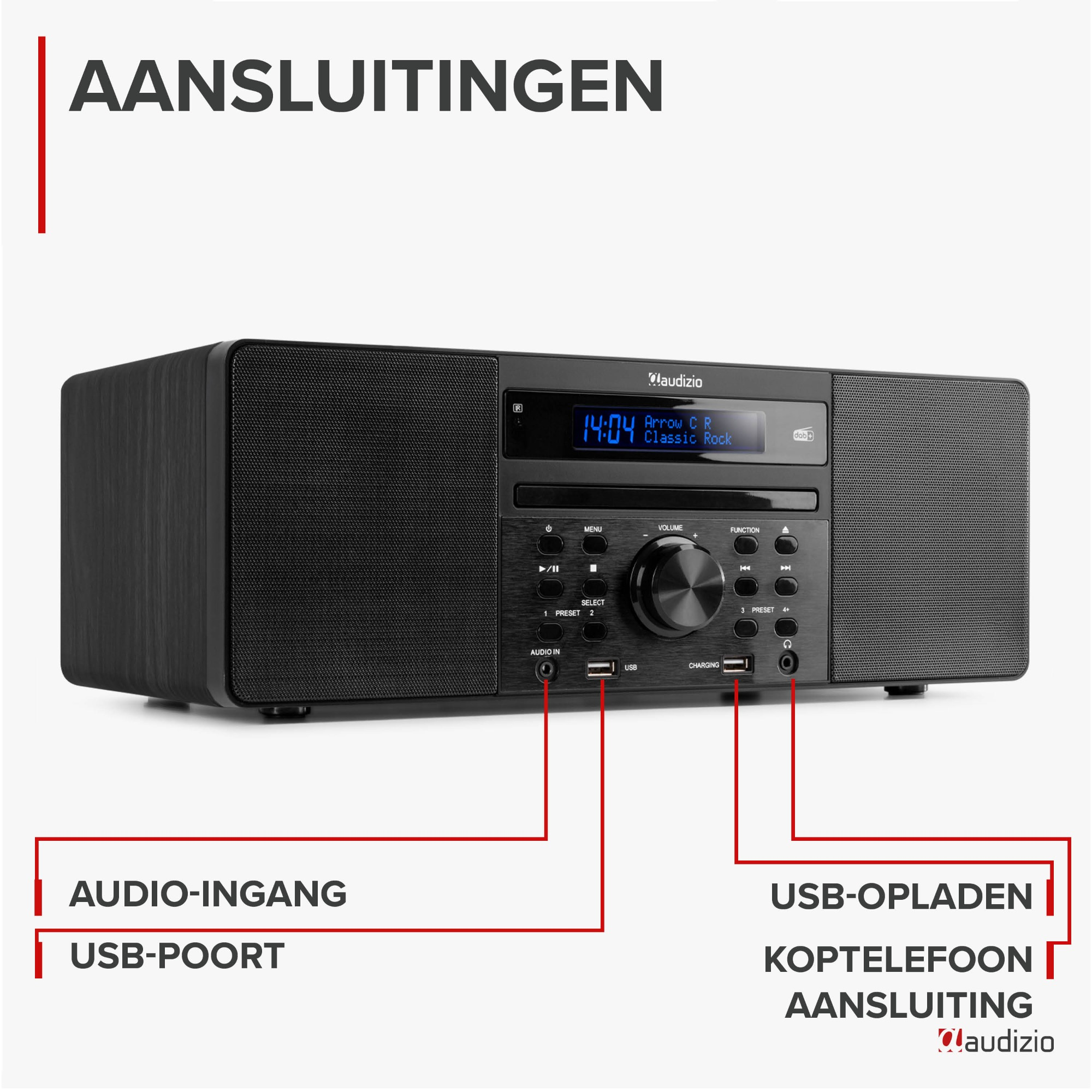Schwarze Stereoanlage mit hervorgehobenen Etiketten. Das System zeigt die Uhrzeit und den Radiosender an.
