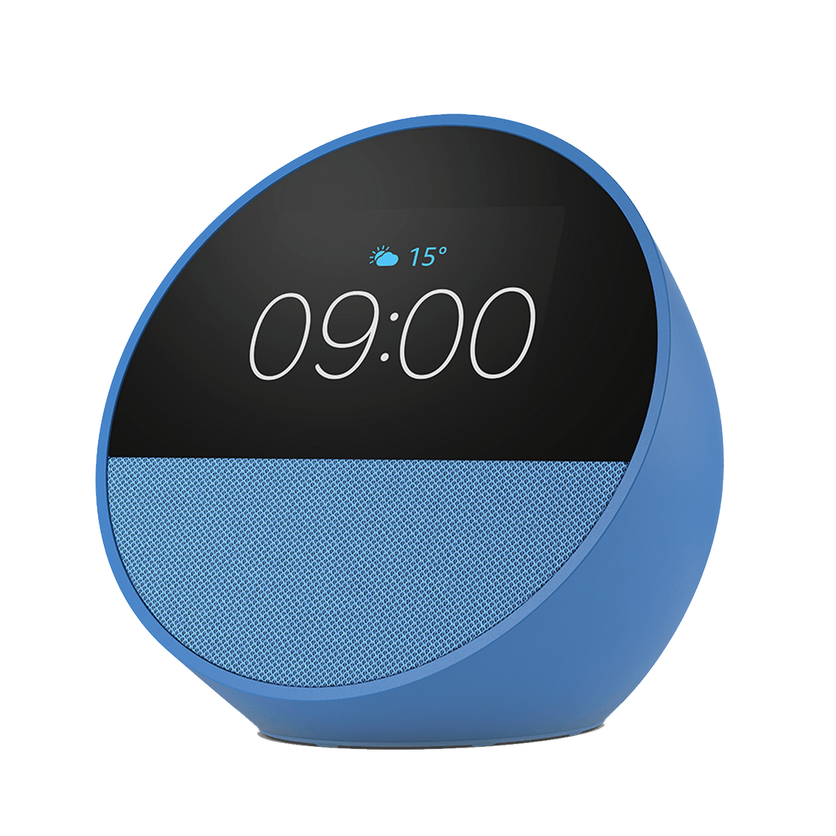 Niebieski głośnik inteligentny z czarnym ekranem wyświetlającym godzinę i temperaturę.