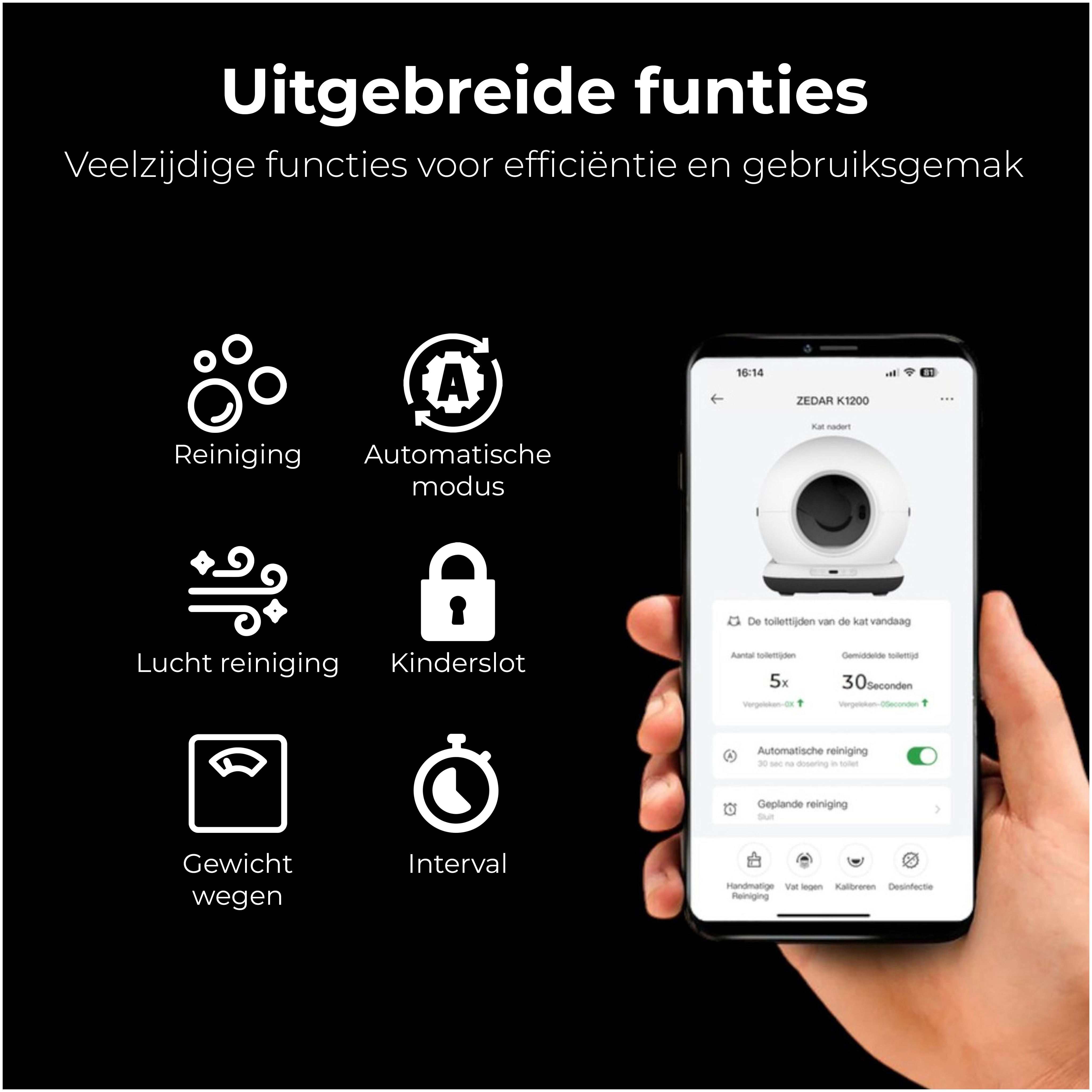 Infographic showing smart home features on a black background. A hand holds a smartphone.