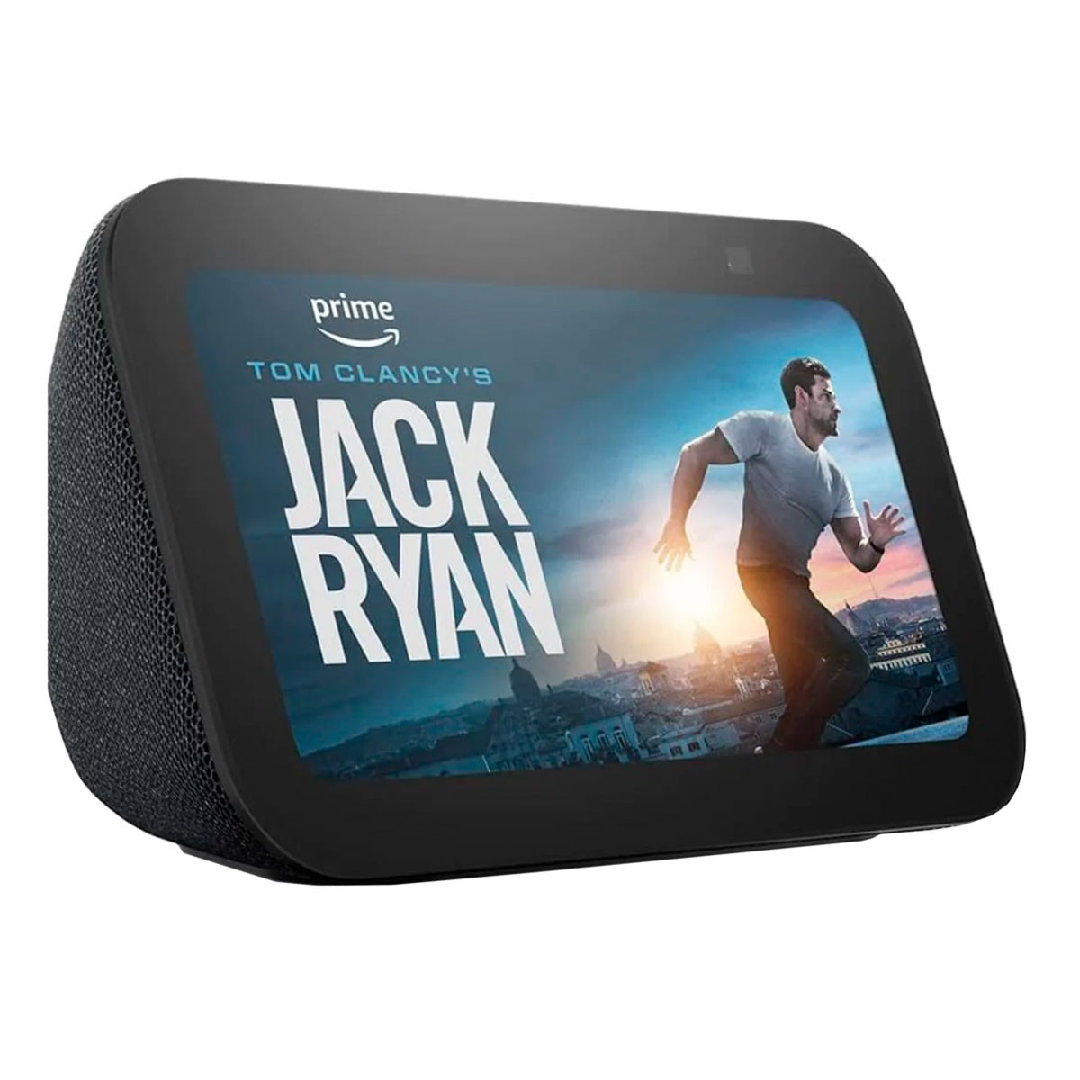 Czarny inteligentny wyświetlacz z filmem na ekranie. Film to Jack Ryan Toma Clancy'ego.