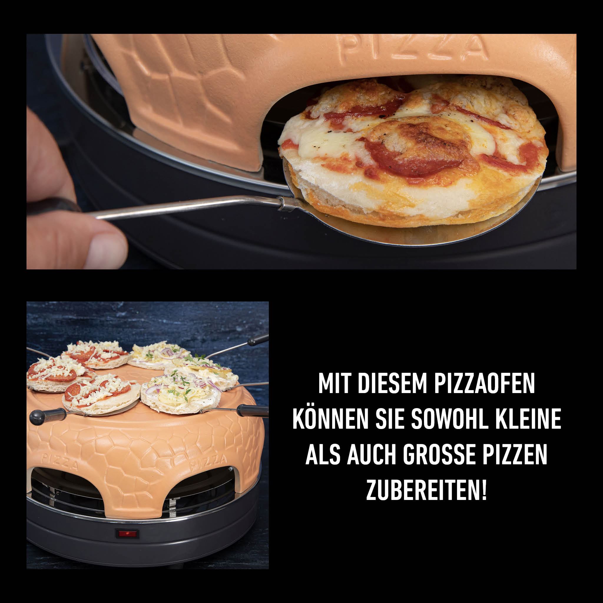 Ein Pizzaofen mit gebackenen Pizzen. Text: Mit diesem Pizzaofen können Sie kleine und große Pizzen zubereiten!
